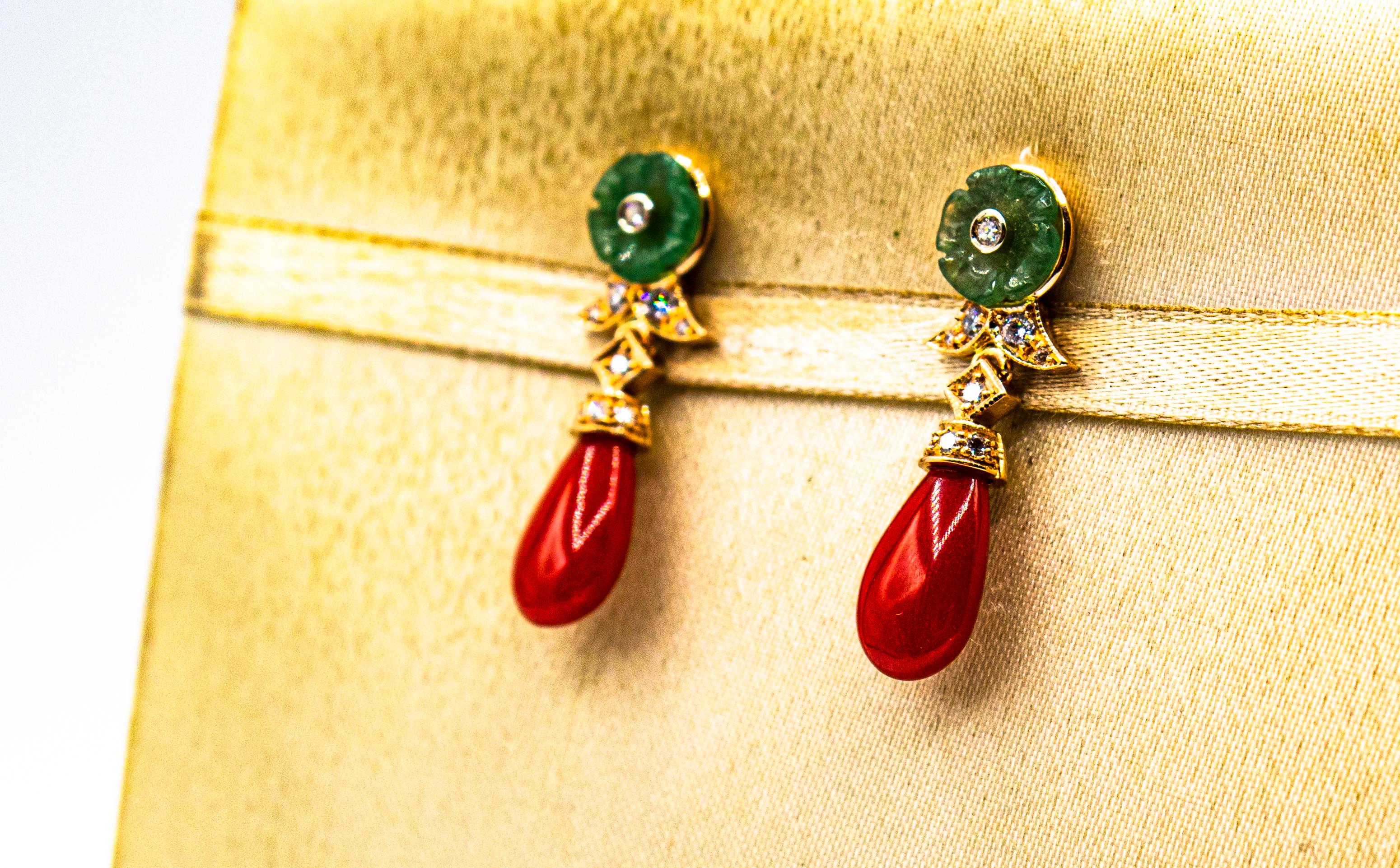 Art Deco Style Mediterranean Red Coral White Diamond Yellow Gold Stud Earrings 1