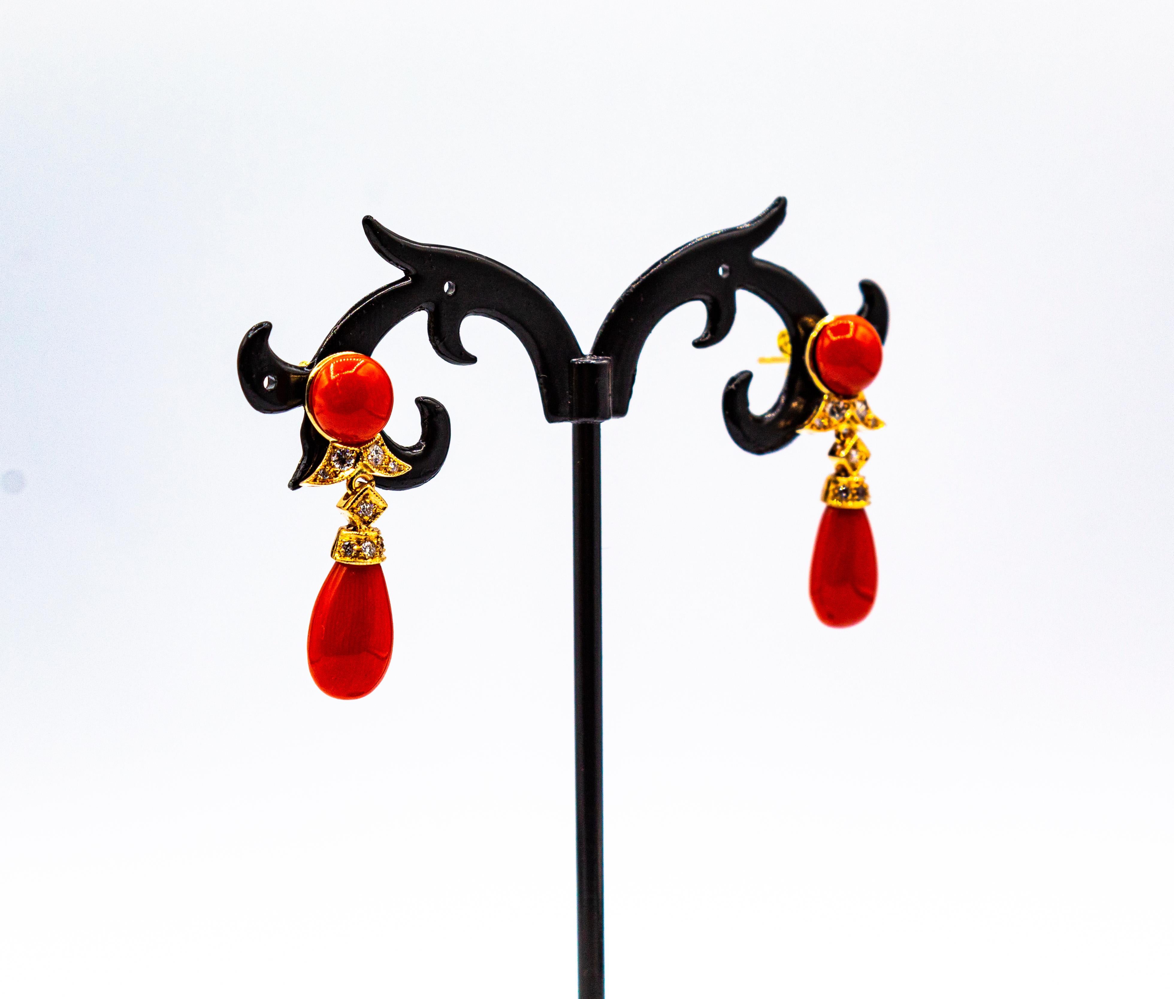 Art Deco Style Mediterranean Red Coral White Diamond Yellow Gold Stud Earrings 2