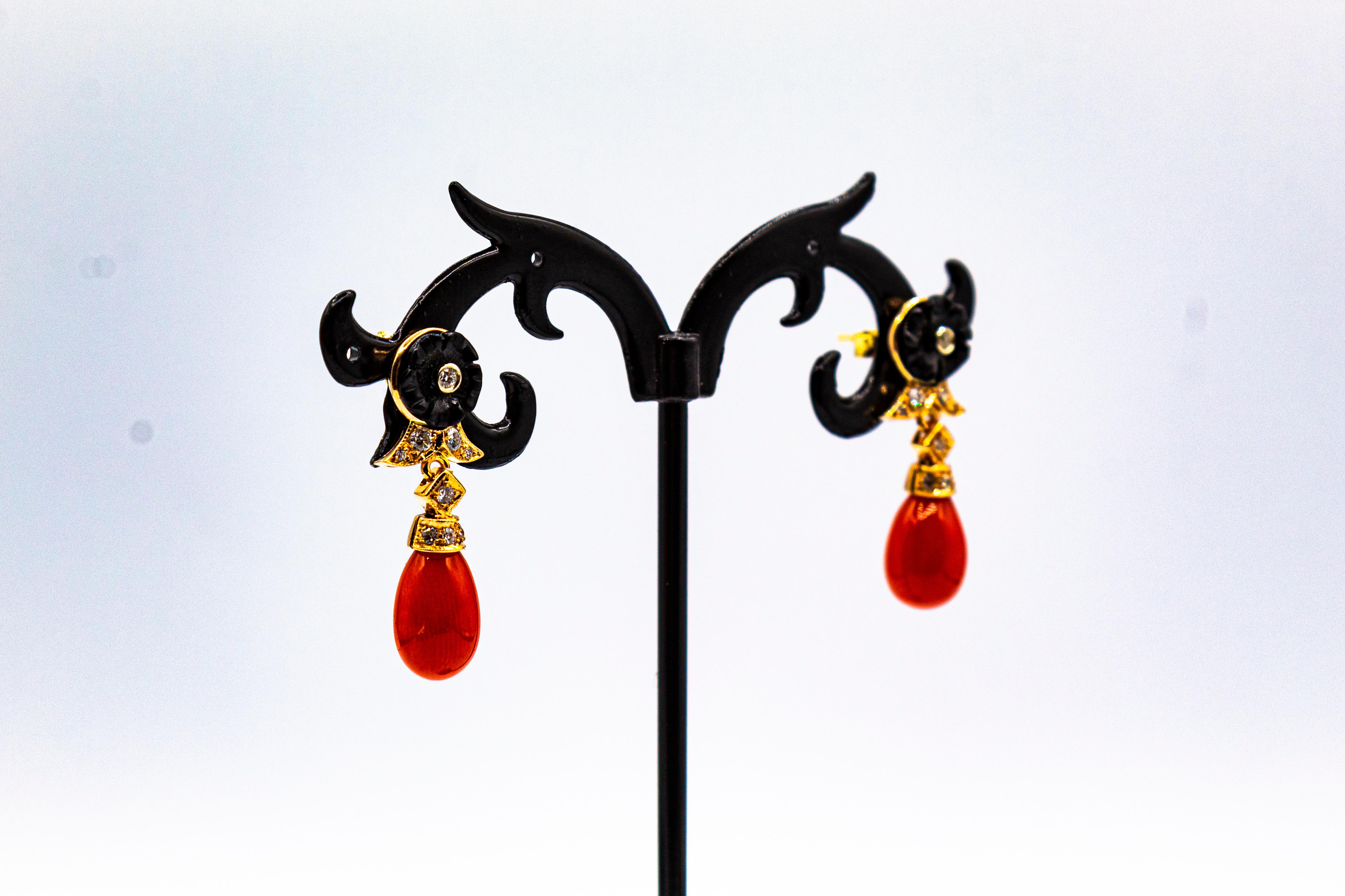 Art Deco Style Mediterranean Red Coral White Diamond Yellow Gold Stud Earrings For Sale 2
