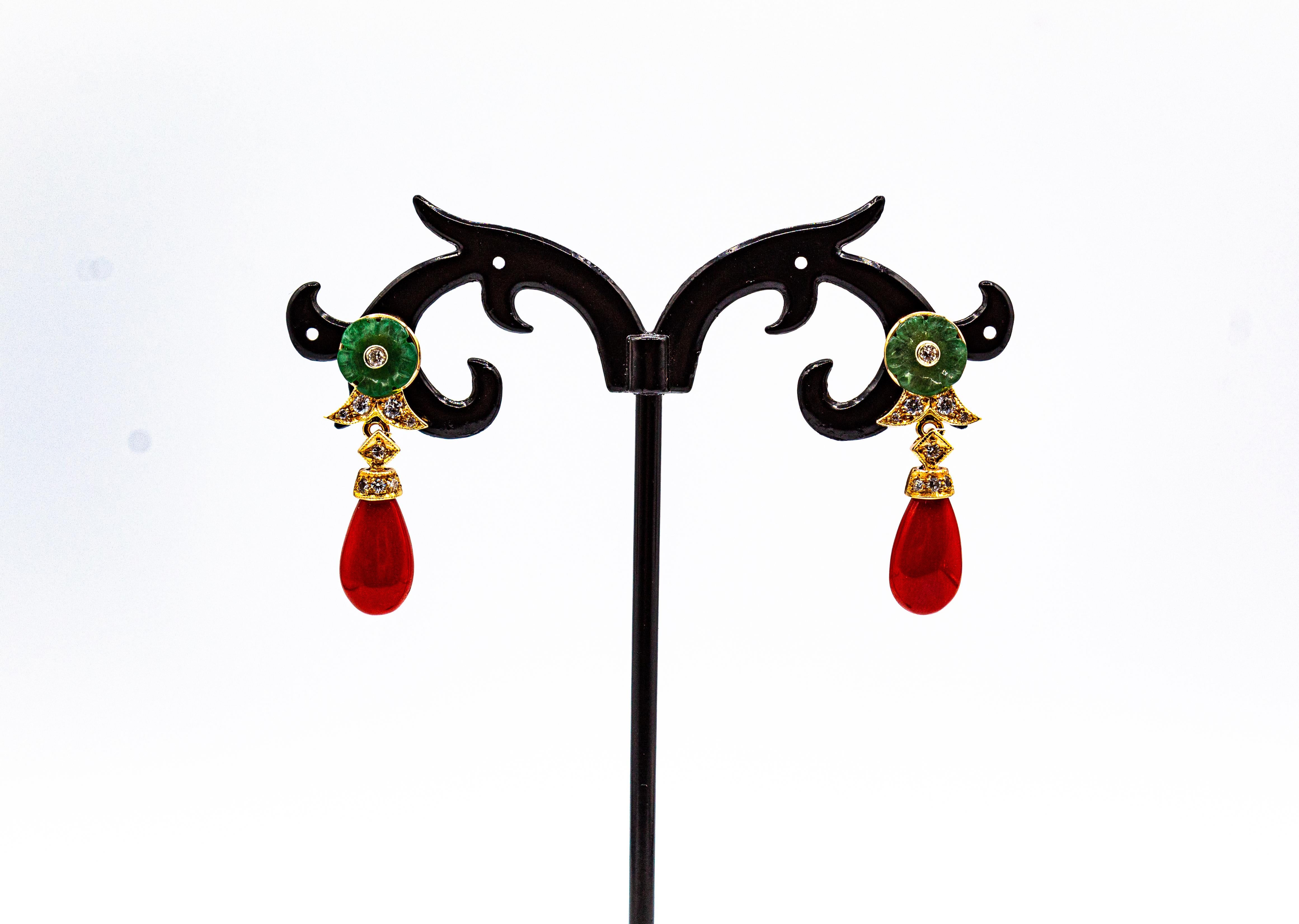 Art Deco Style Mediterranean Red Coral White Diamond Yellow Gold Stud Earrings 2