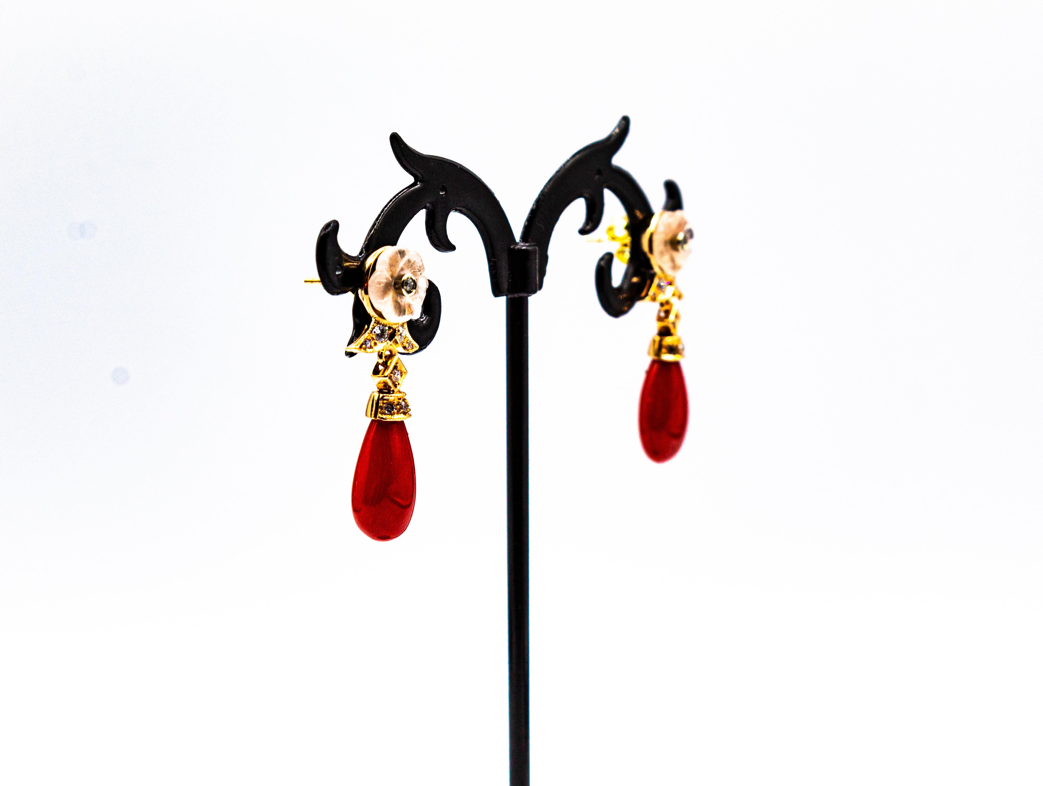 Art Deco Style Mediterranean Red Coral White Diamond Yellow Gold Stud Earrings For Sale 2