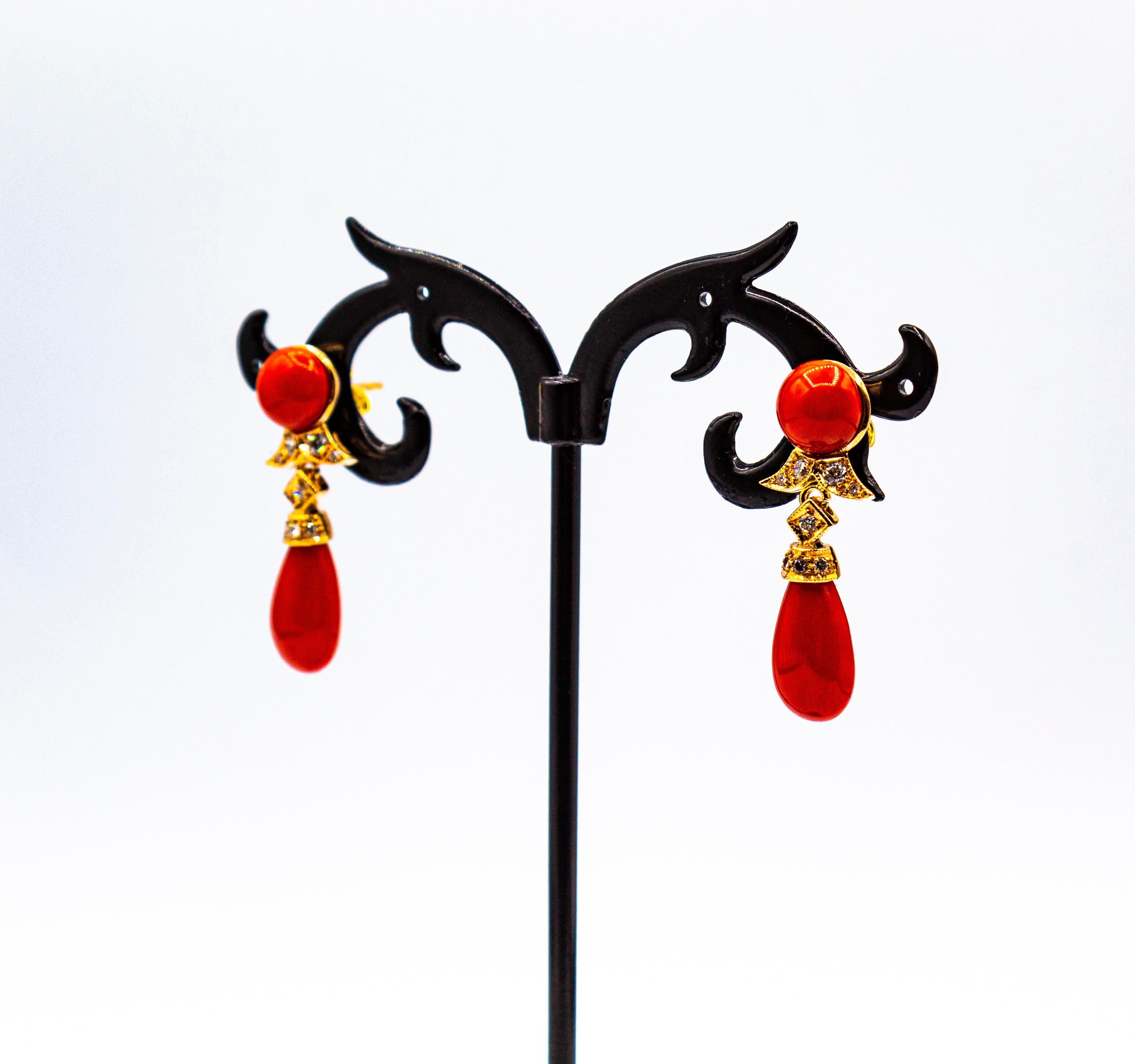 Art Deco Style Mediterranean Red Coral White Diamond Yellow Gold Stud Earrings 4