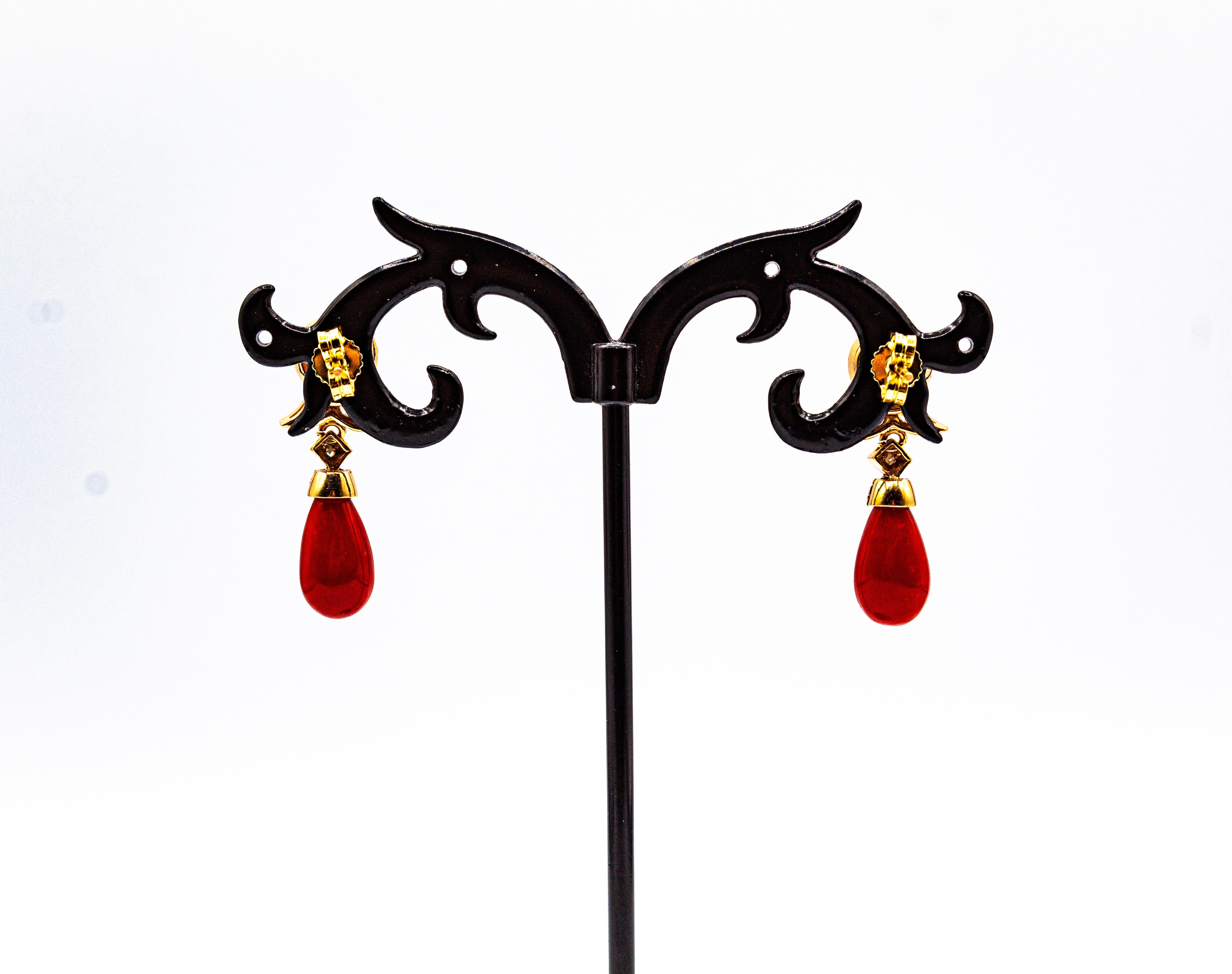Art Deco Style Mediterranean Red Coral White Diamond Yellow Gold Stud Earrings 4