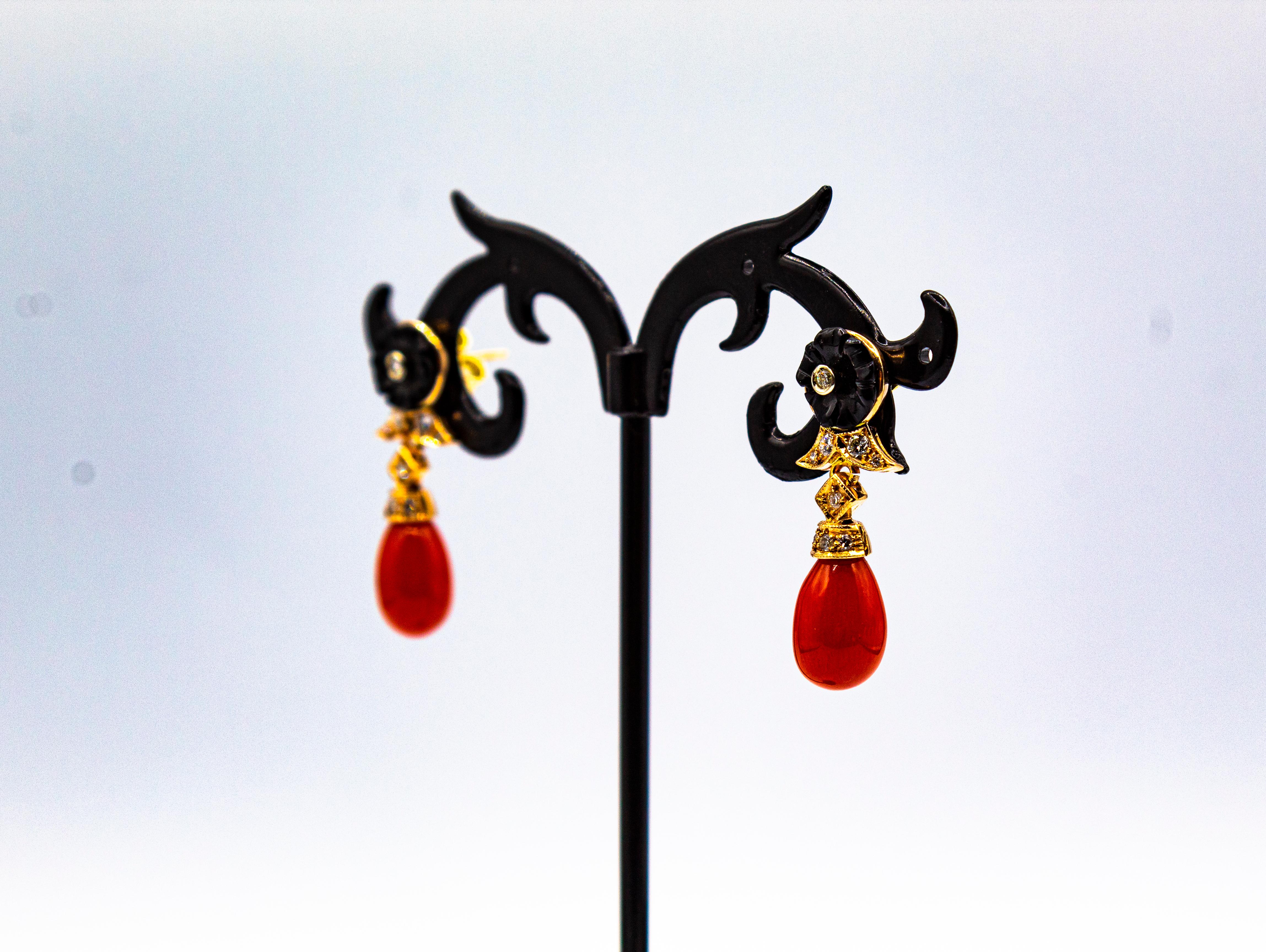 Art Deco Style Mediterranean Red Coral White Diamond Yellow Gold Stud Earrings en venta 3