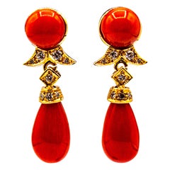 Art Deco Style Mediterranean Red Coral White Diamond Yellow Gold Stud Earrings