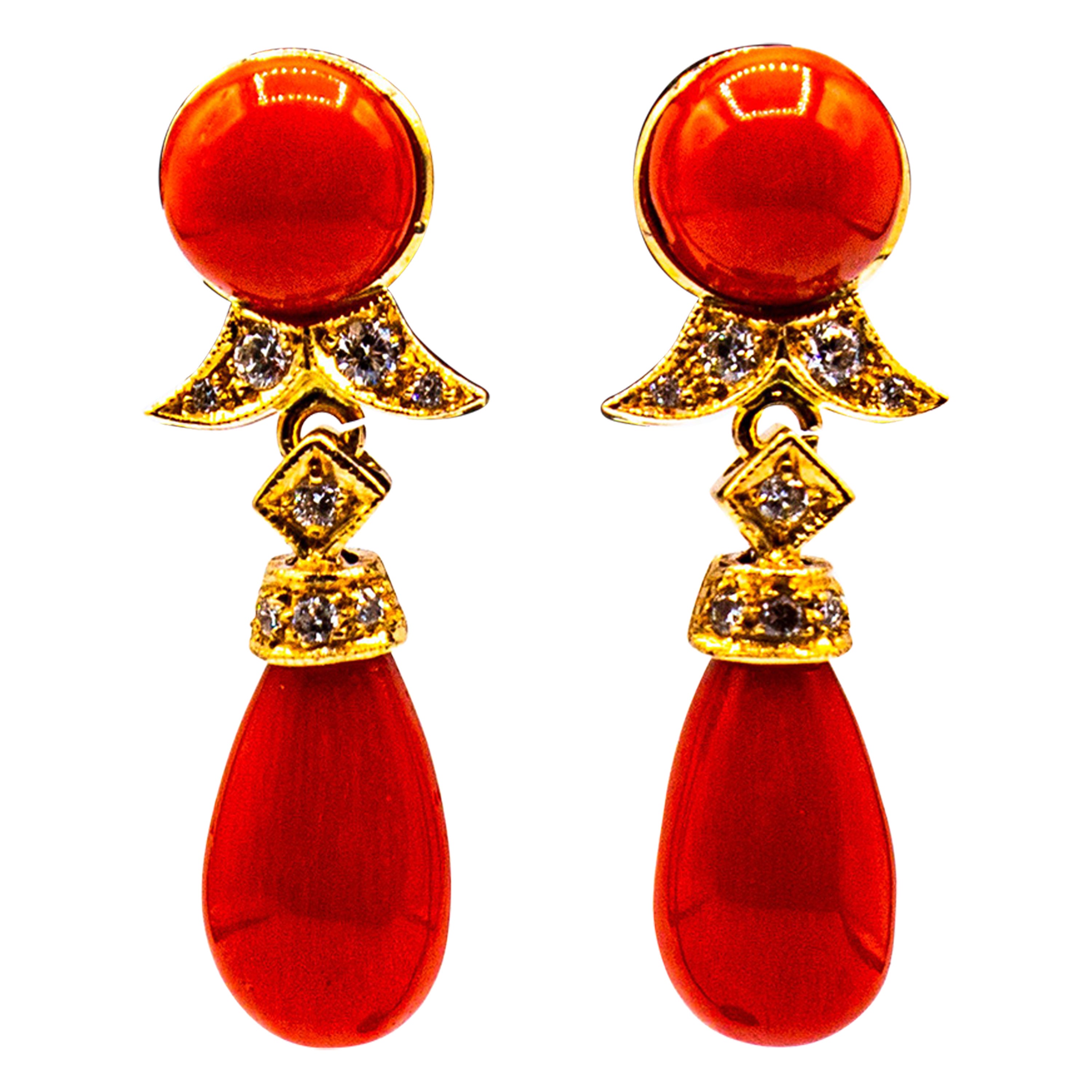 Art Deco Style Mediterranean Red Coral White Diamond Yellow Gold Stud Earrings For Sale