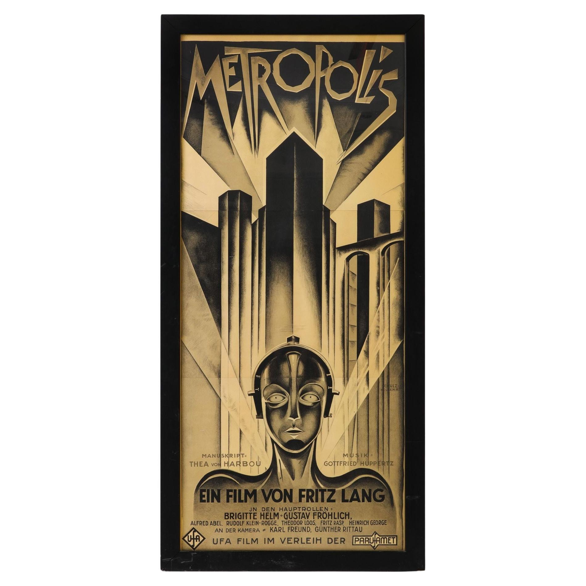 Grande affiche de lithographie à 3 feuilles Metropolis encadrée en vente
