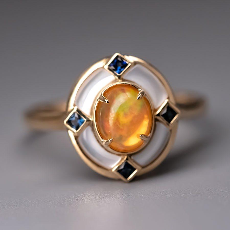 Arts and Crafts Art Deco Style Mexican Fire Opal Sapphire Engagement Ring 18K Yellow Gold For Sale