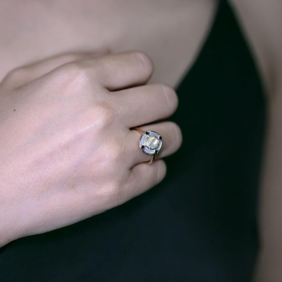 Arts and Crafts Art Deco Style Mexican Fire Opal Sapphire Engagement Ring 18K Yellow Gold