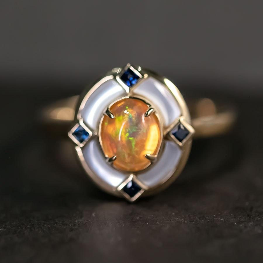 Brilliant Cut Art Deco Style Mexican Fire Opal Sapphire Engagement Ring 18K Yellow Gold For Sale