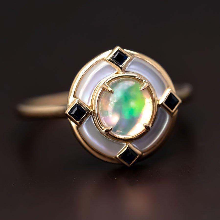 Round Cut Art Deco Style Mexican Fire Opal Sapphire Engagement Ring 18K Yellow Gold