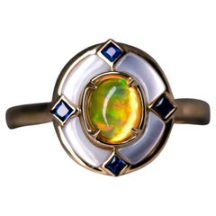 Art Deco Style Mexican Fire Opal Sapphire Engagement Ring 18K Yellow Gold