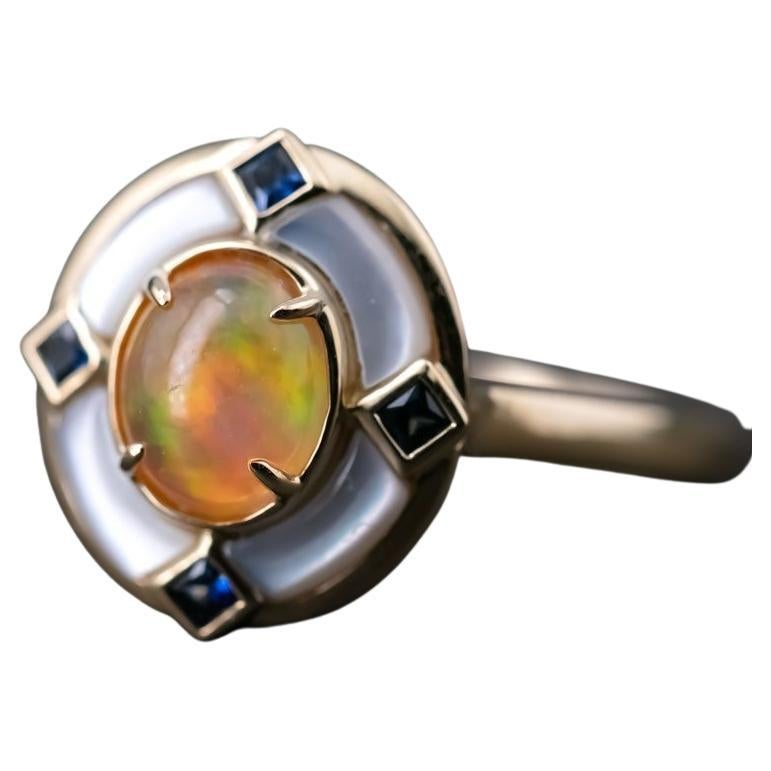 Art Deco Style Mexican Fire Opal Sapphire Engagement Ring 18K Yellow Gold For Sale