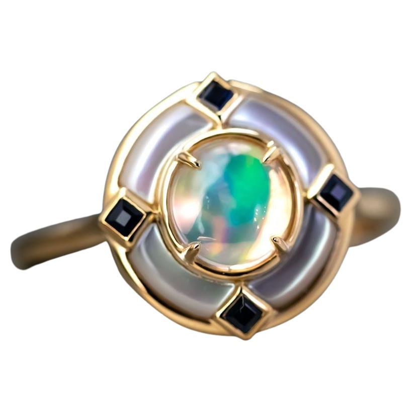 Art Deco Style Mexican Fire Opal Sapphire Engagement Ring 18K Yellow Gold