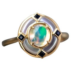 Art Deco Style Mexican Fire Opal Sapphire Engagement Ring 18K Yellow Gold