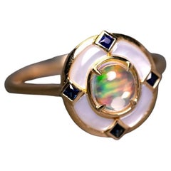 Art Deco Style Mexican Fire Opal Sapphire Engagement Ring 18K Yellow Gold