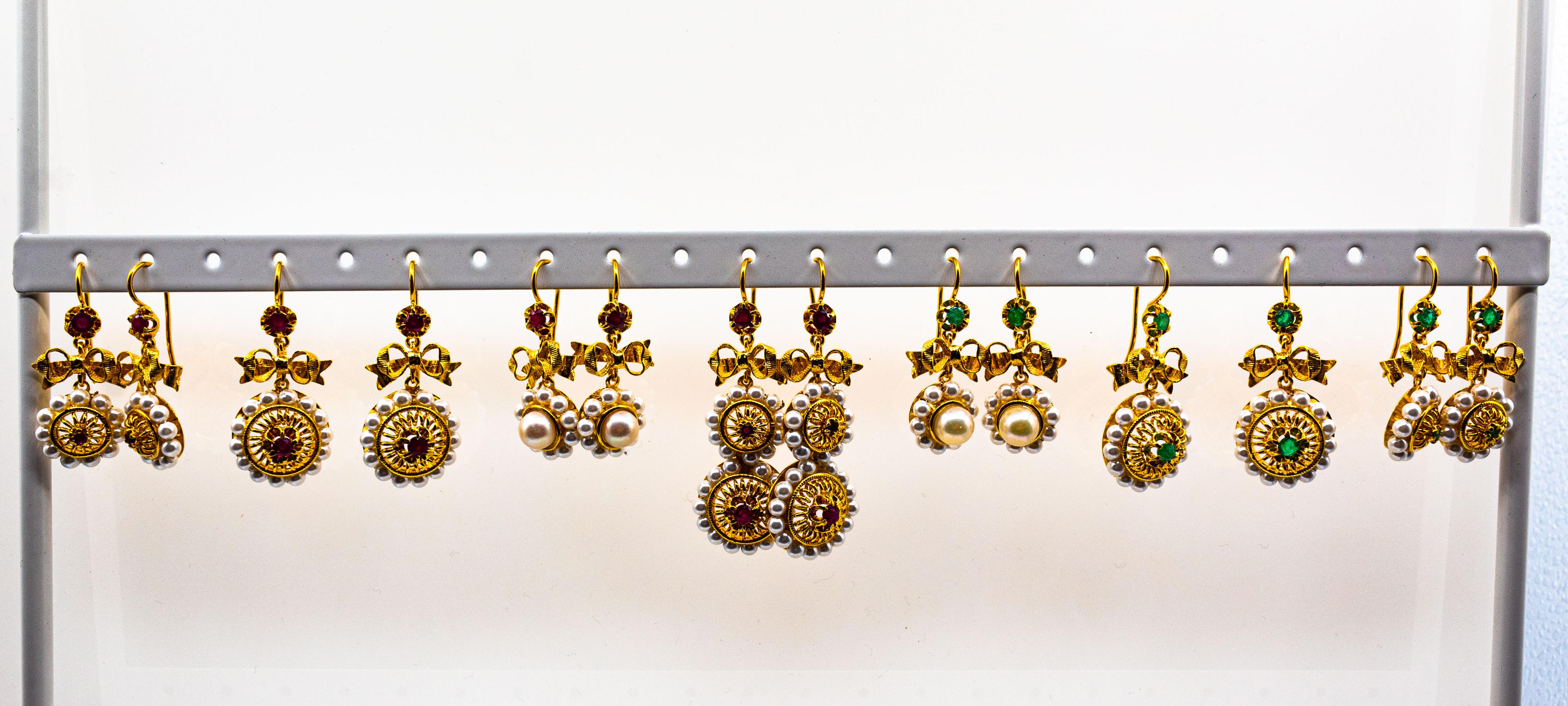 Clous d'oreilles en or jaune de style Art déco avec micro-perles de 0.25 carat et émeraudes Neuf à Naples, IT