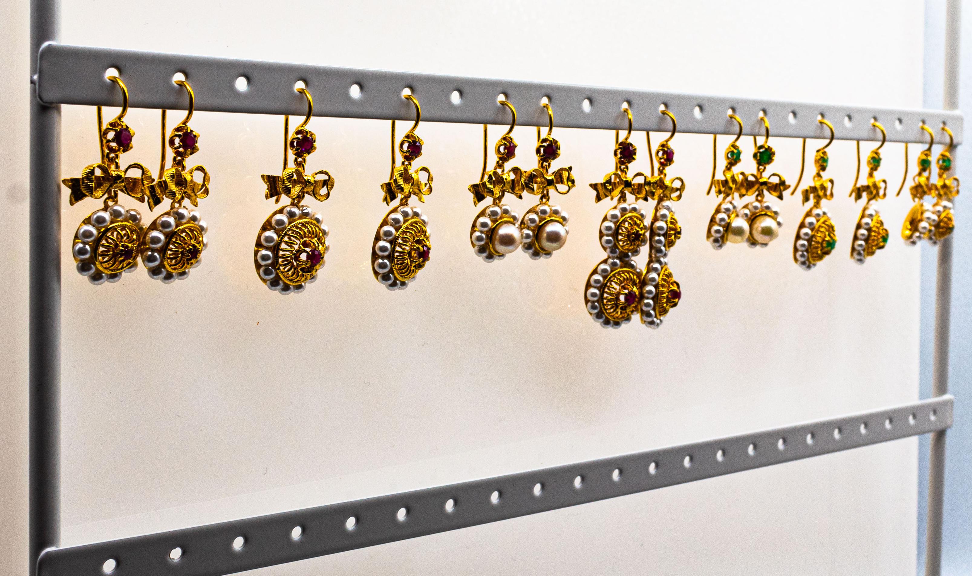 Women's or Men's Art Deco Style Micro Pearls 0.25 Carat Emerald Yellow Gold Drop Stud Earrings