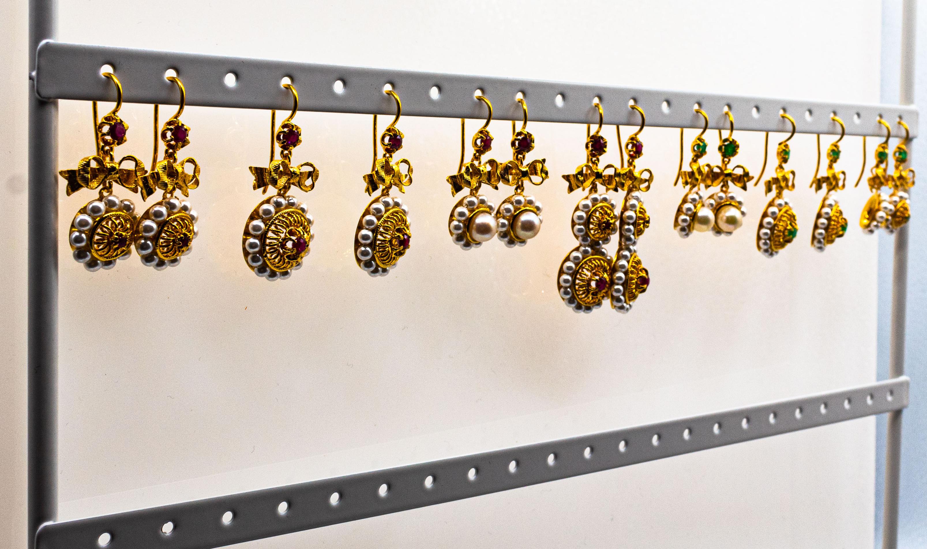  Clous d'oreilles en or jaune de style Art déco avec micro-perles de 0.25 carat et émeraudes Unisexe 