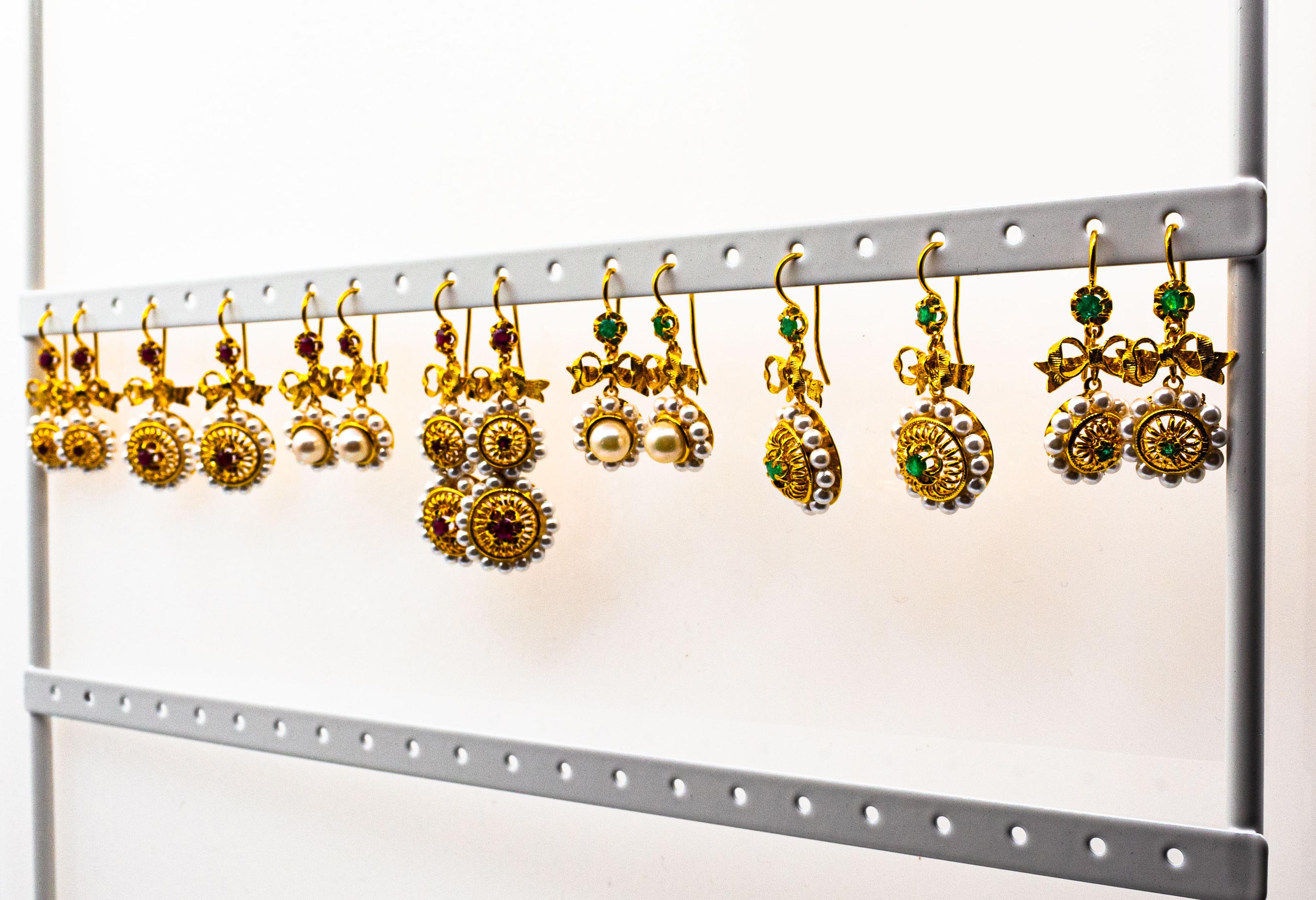 Art Deco Style Micro Pearls 0.25 Carat Emerald Yellow Gold Drop Stud Earrings 1