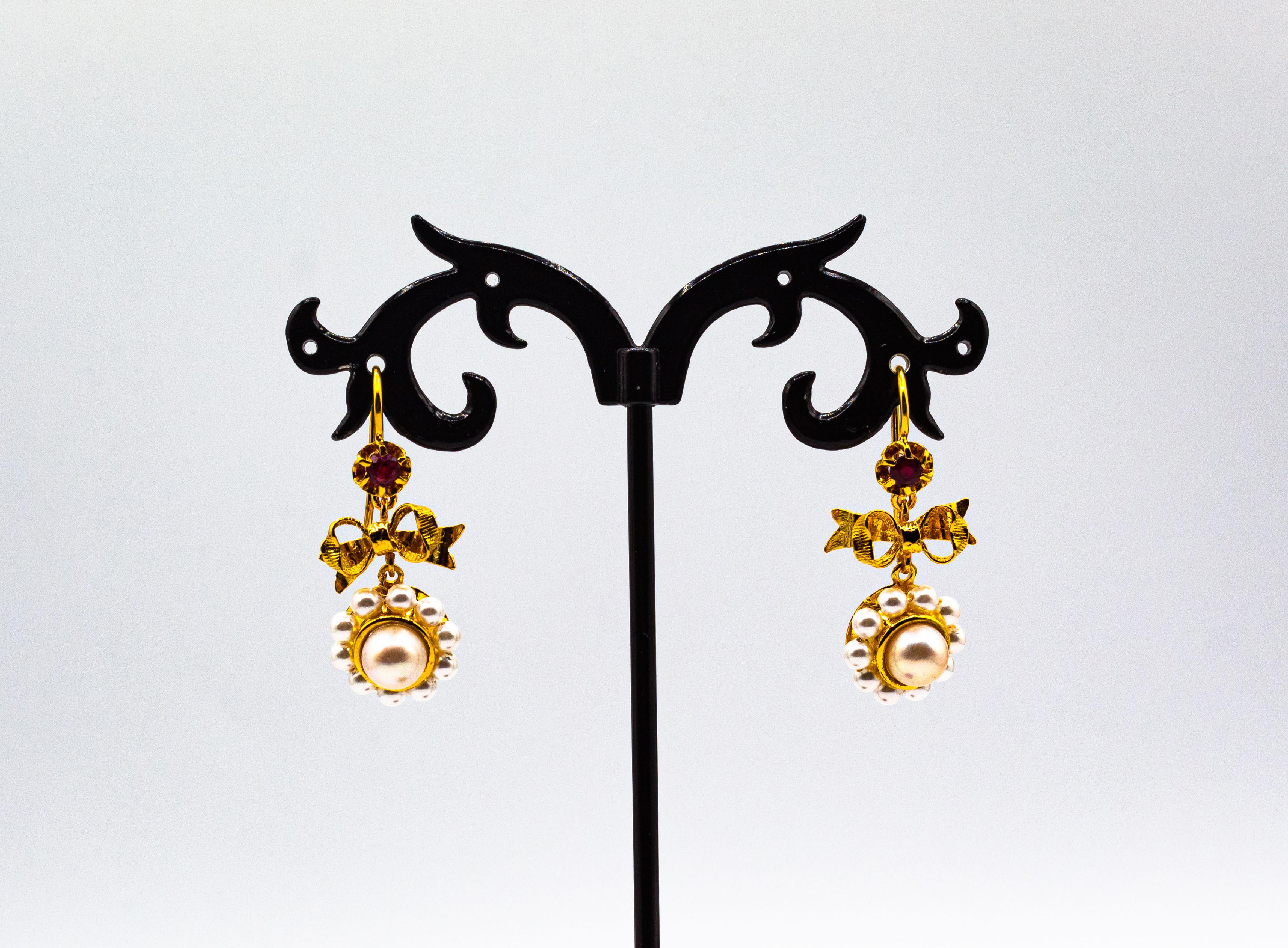 Art Deco Style Micro Pearls 0.25 Carat Emerald Yellow Gold Drop Stud Earrings 2