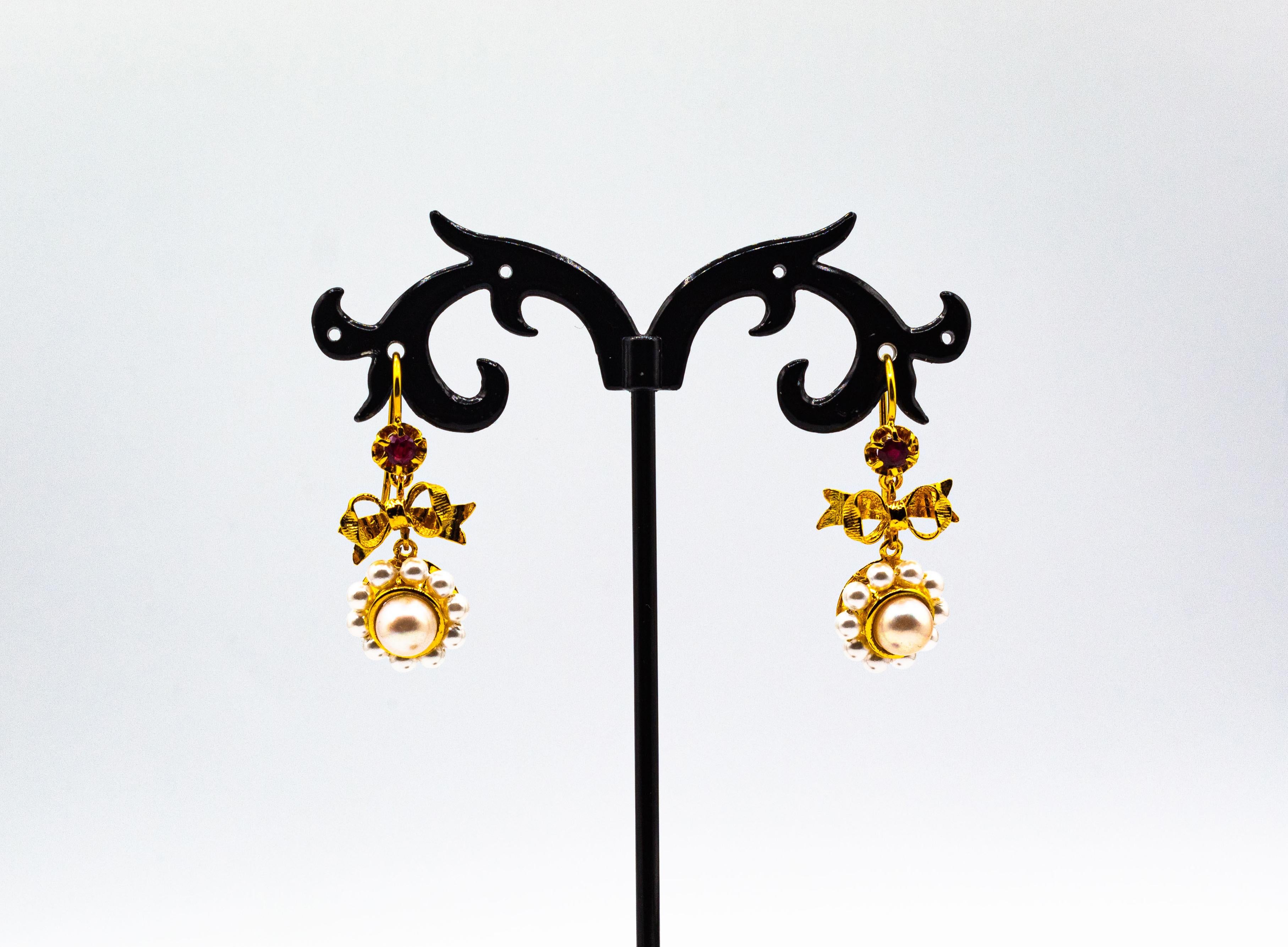 Art Deco Style Micro Pearls 0.25 Carat Emerald Yellow Gold Drop Stud Earrings 3