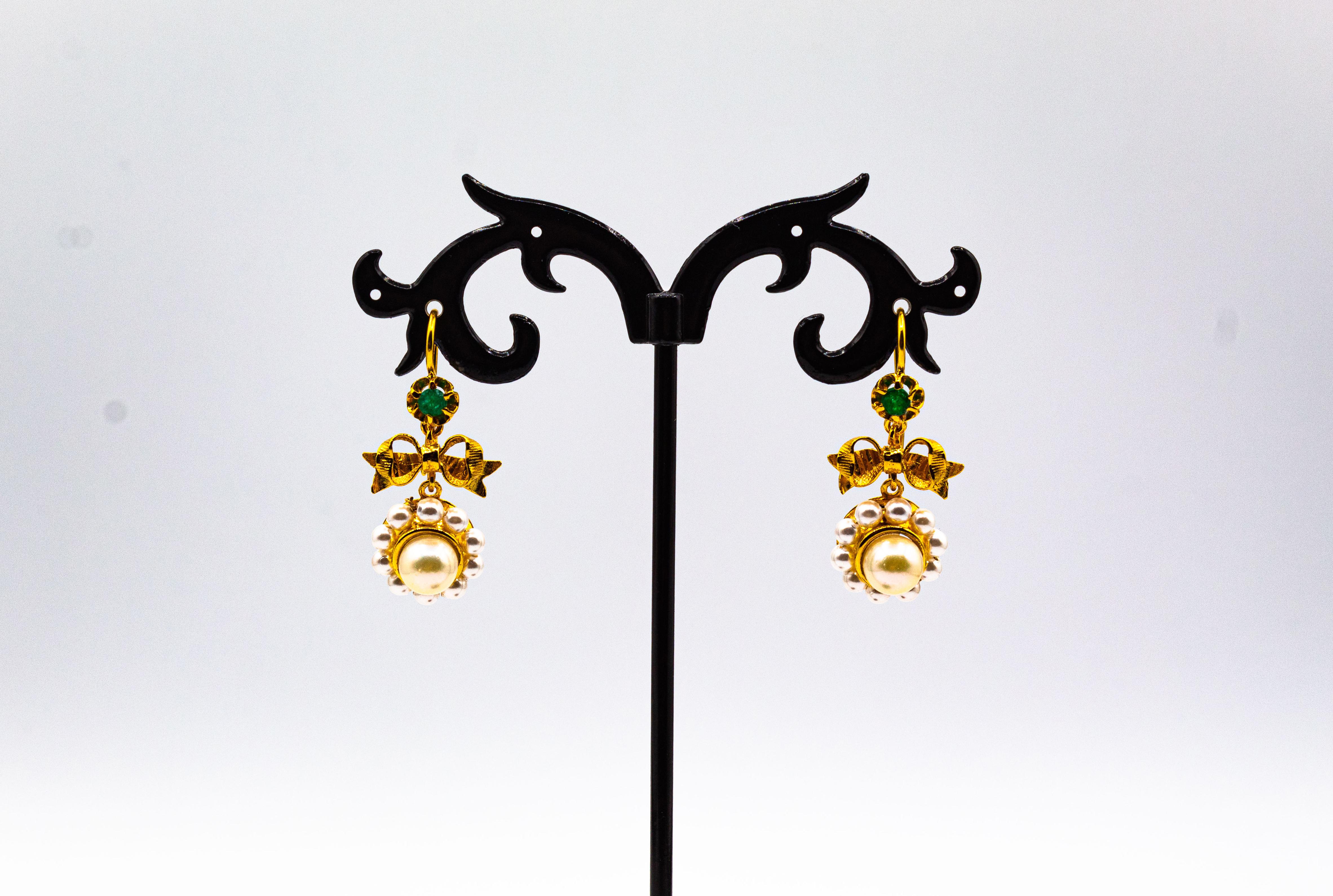 Art Deco Style Micro Pearls 0.25 Carat Emerald Yellow Gold Drop Stud Earrings 4