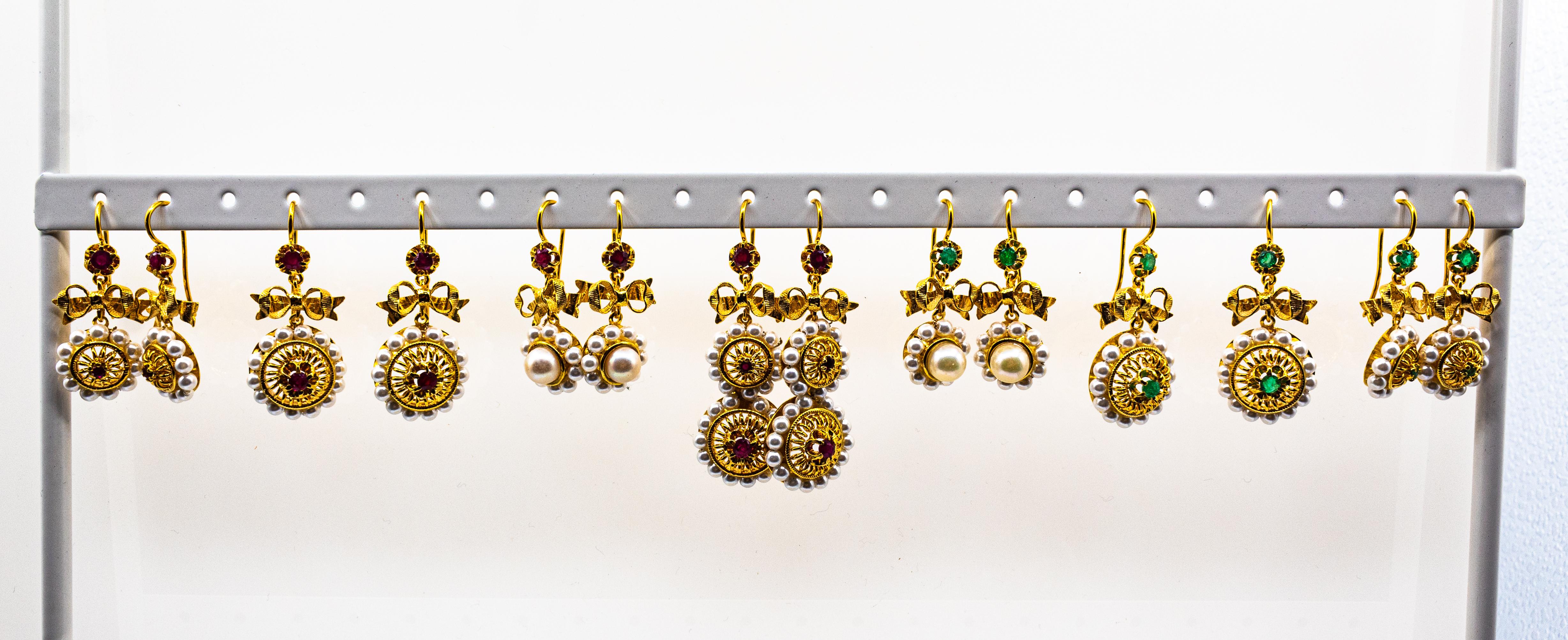 Round Cut Art Deco Style Micro Pearls 0.30 Carat Rubies Yellow Gold Drop Stud Earrings For Sale