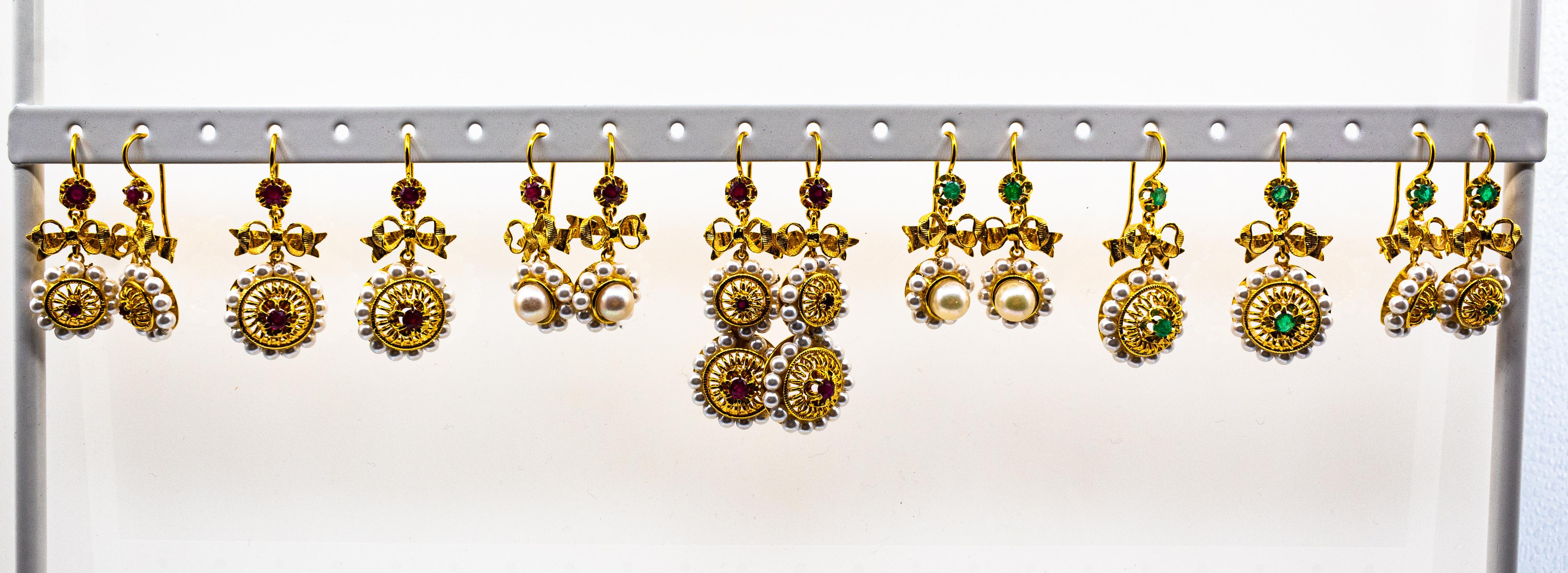 Art Deco Style Micro Pearls 0.30 Carat Rubies Yellow Gold Drop Stud Earrings In New Condition For Sale In Naples, IT