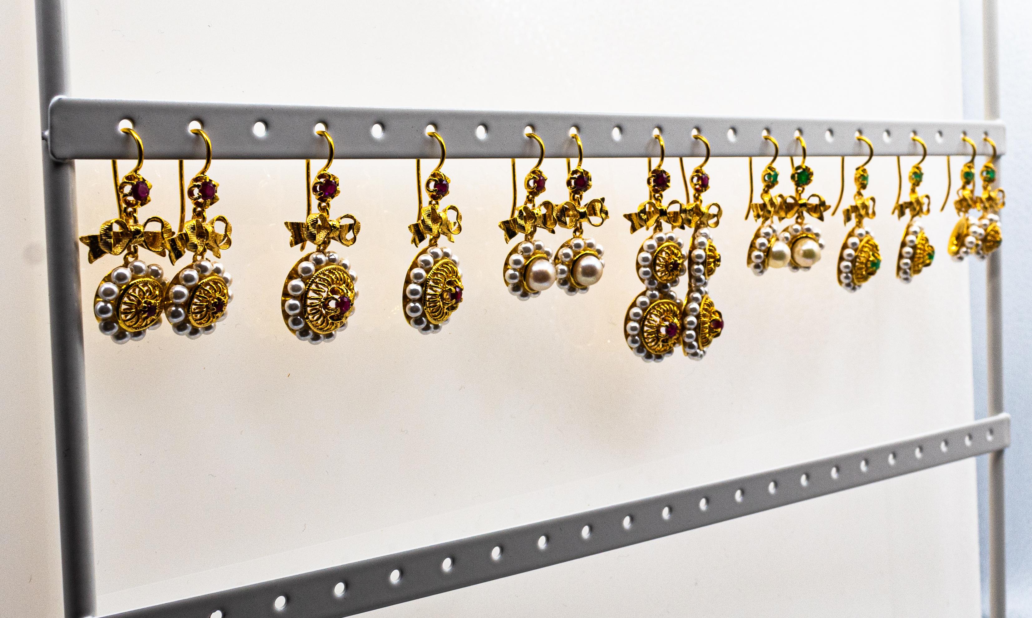 Women's or Men's Art Deco Style Micro Pearls 0.30 Carat Rubies Yellow Gold Drop Stud Earrings For Sale