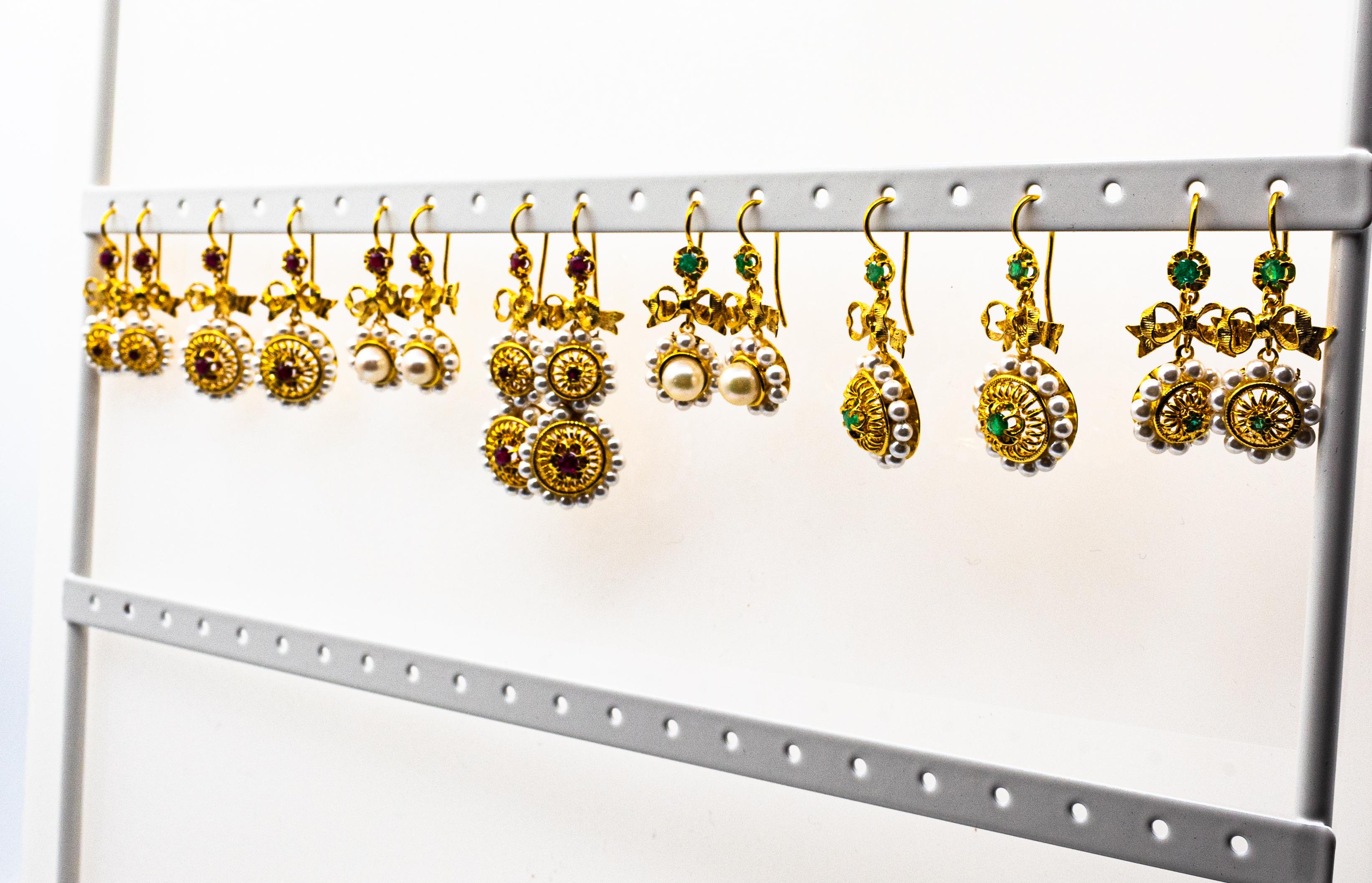 Art Deco Style Micro Pearls 0.30 Carat Rubies Yellow Gold Drop Stud Earrings For Sale 1
