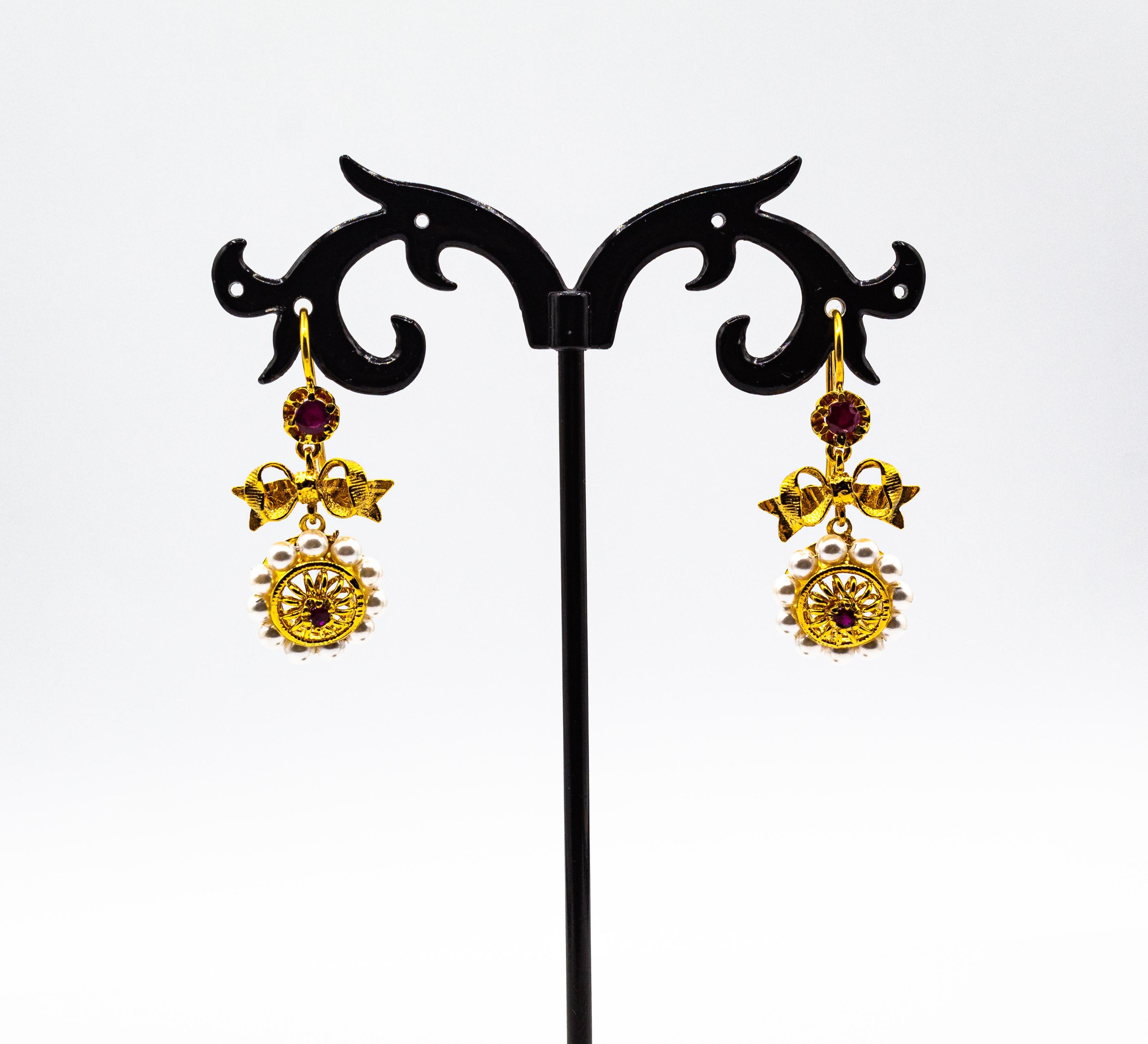Art Deco Style Micro Pearls 0.30 Carat Rubies Yellow Gold Drop Stud Earrings For Sale 2