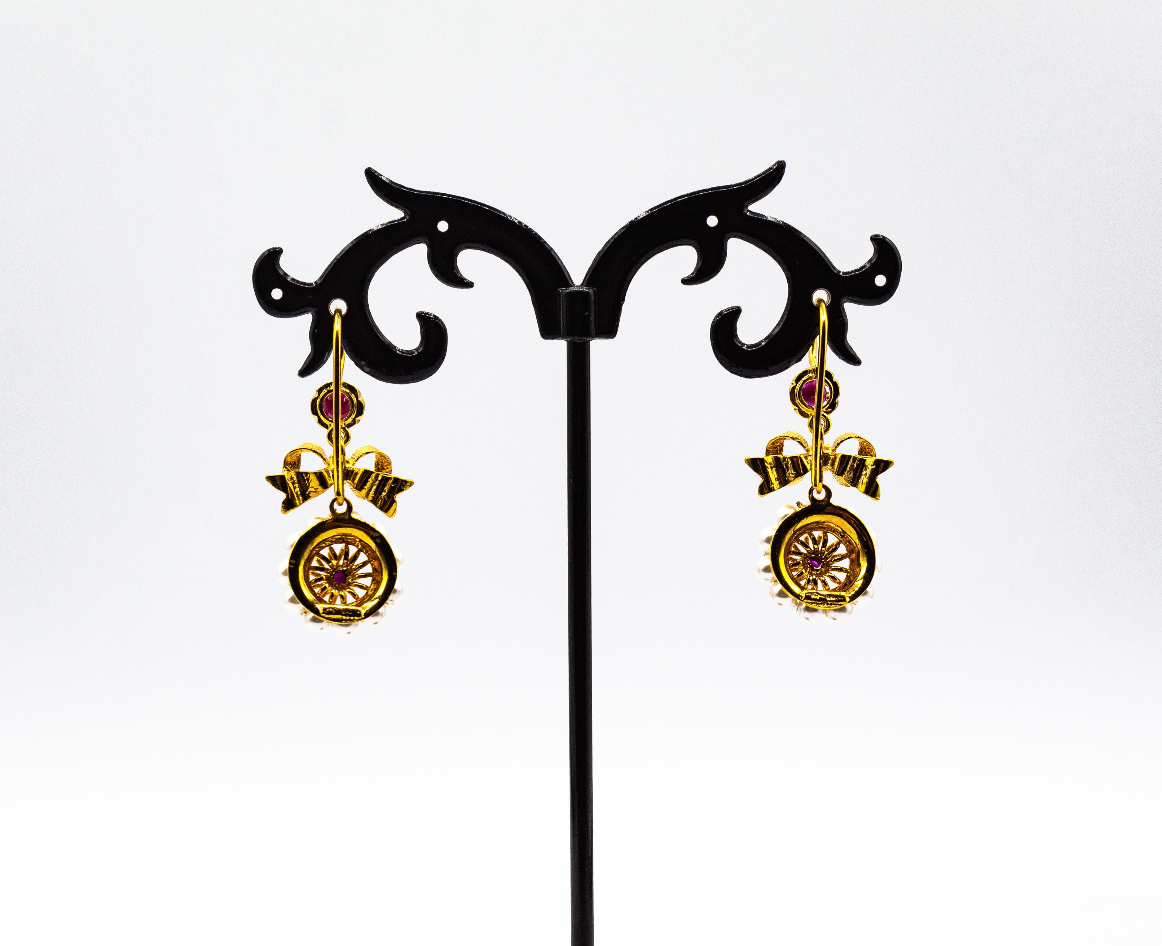 Art Deco Style Micro Pearls 0.30 Carat Rubies Yellow Gold Drop Stud Earrings For Sale 3