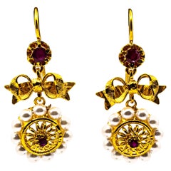 Art Deco Style Micro Pearls 0.30 Carat Rubies Yellow Gold Drop Stud Earrings