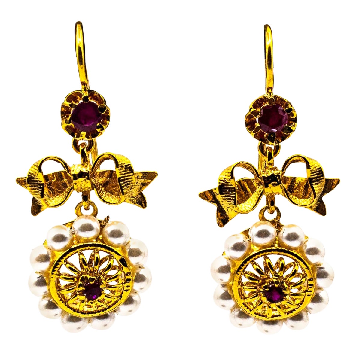Art Deco Style Micro Pearls 0.30 Carat Rubies Yellow Gold Drop Stud Earrings For Sale