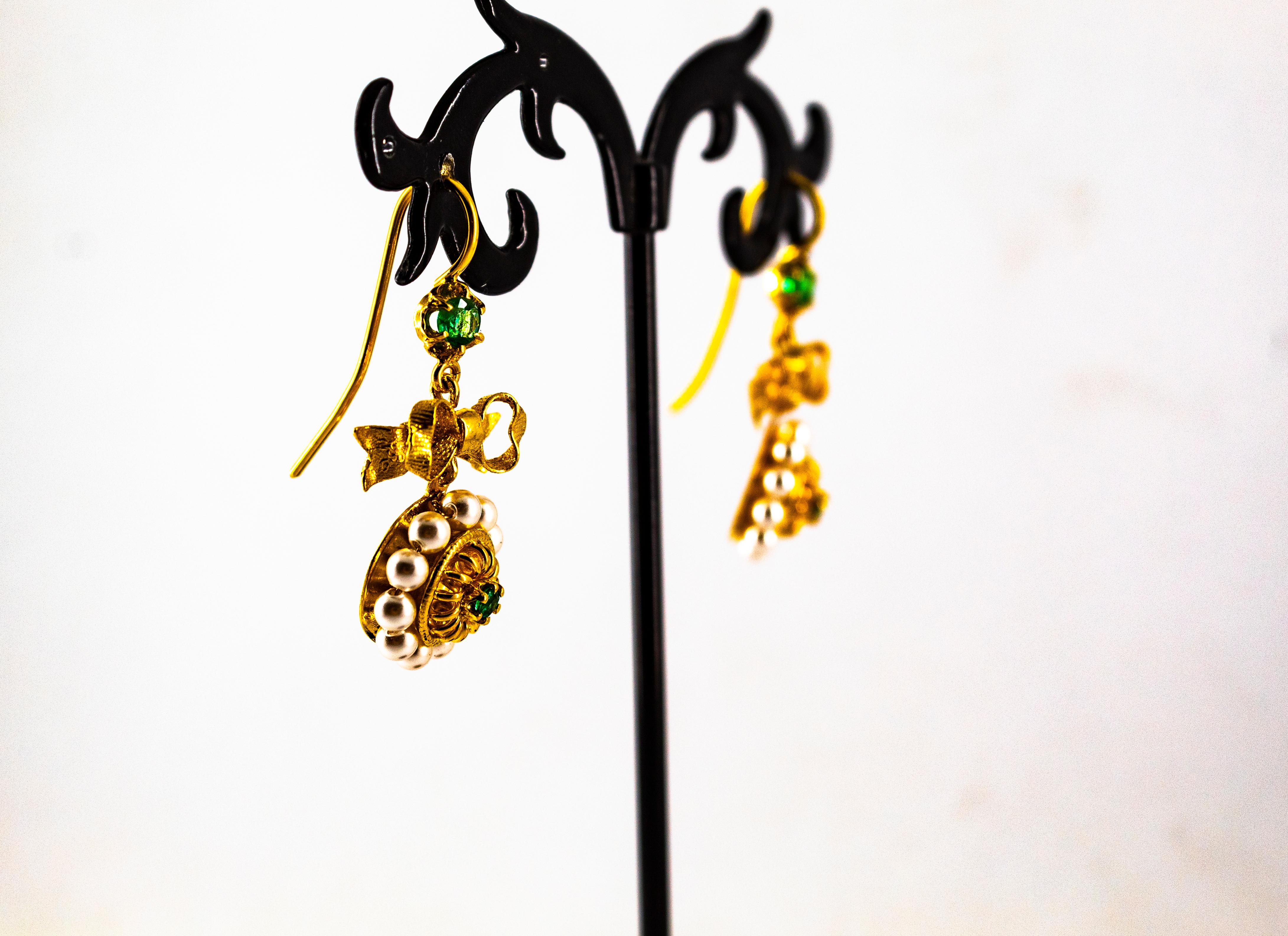 Art Deco Style Micro Pearls 0.70 Carat Emerald Yellow Gold Drop Stud Earrings 5