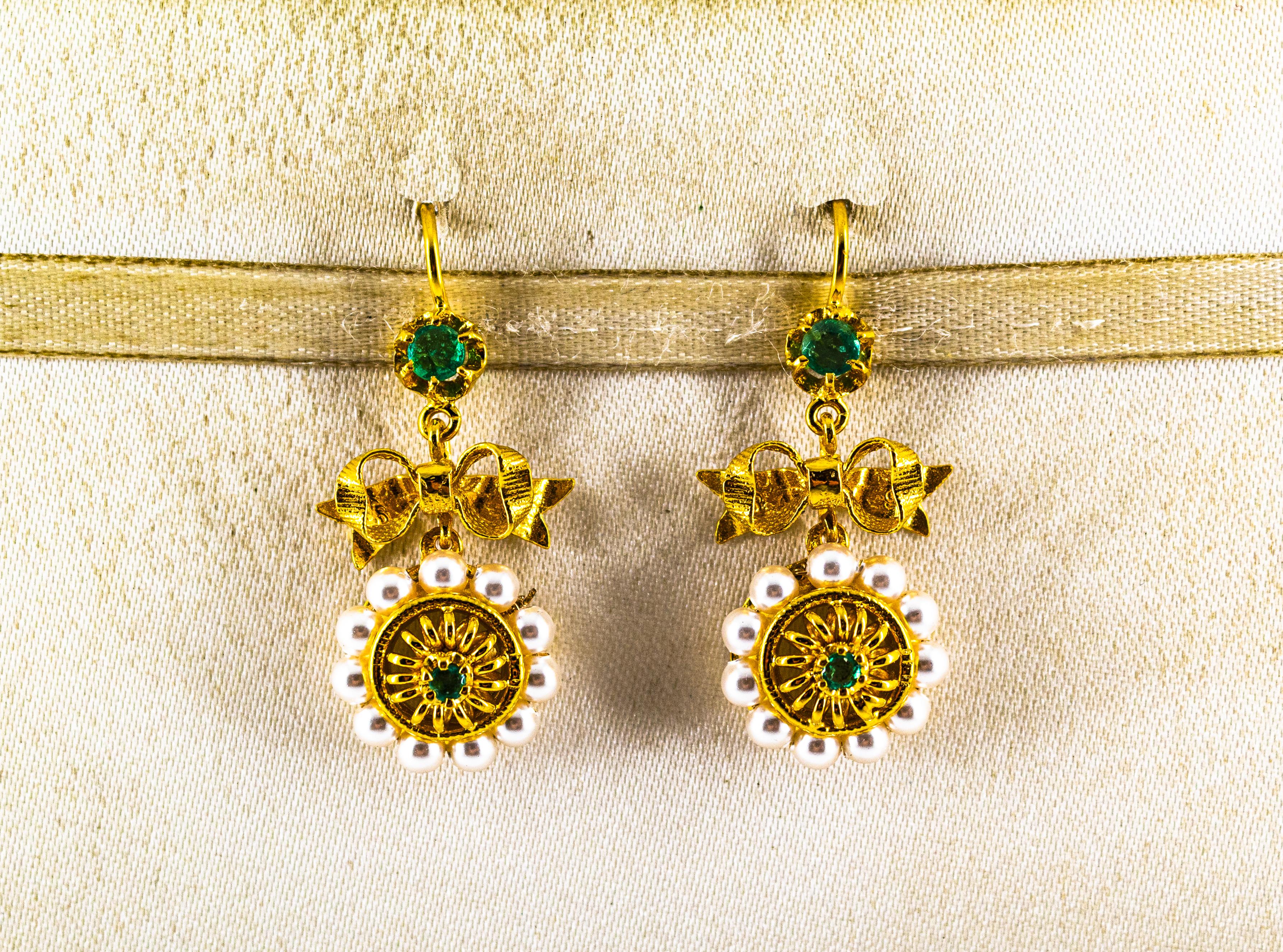 Art Deco Style Micro Pearls 0.70 Carat Emerald Yellow Gold Drop Stud Earrings For Sale 5