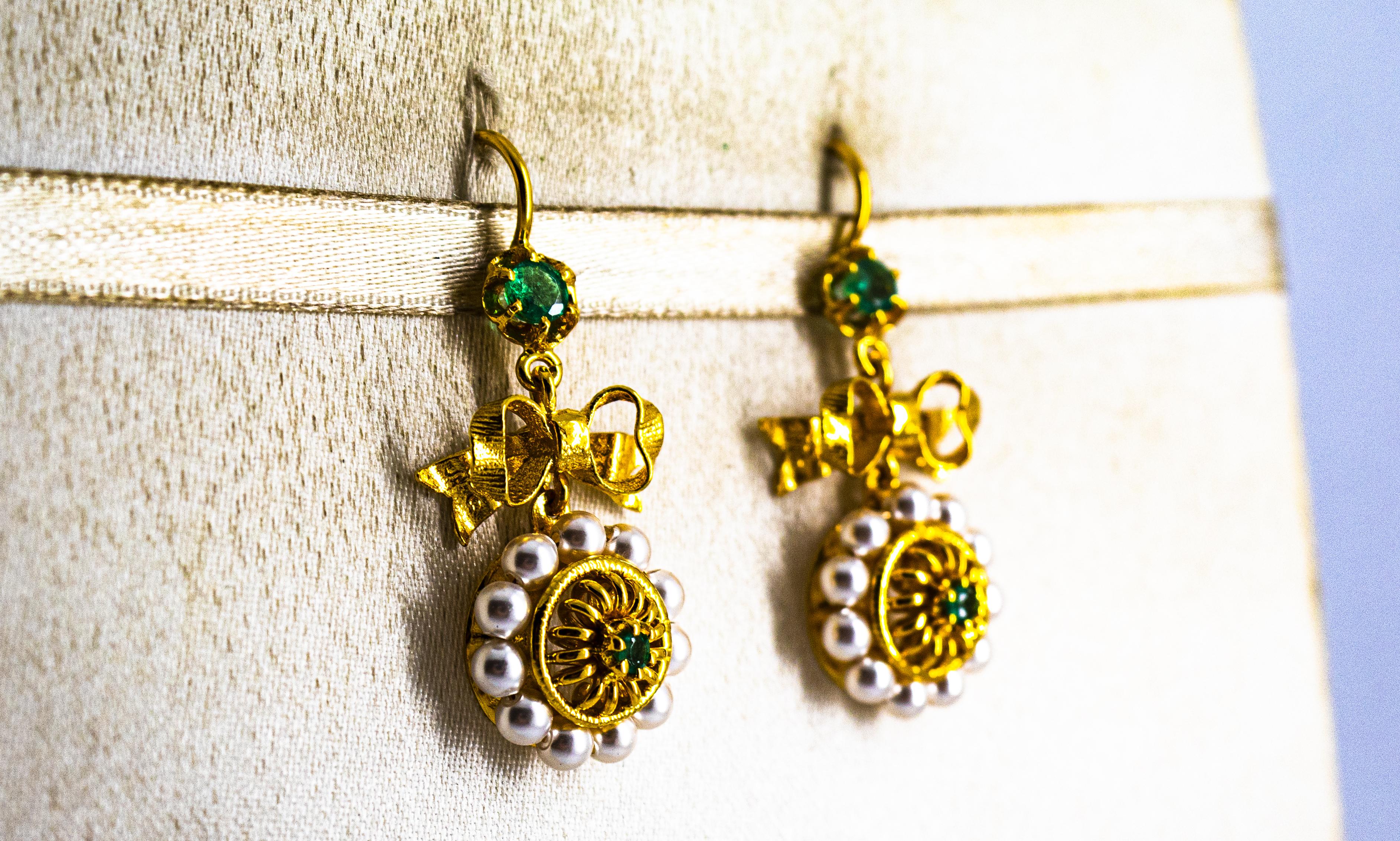 Art Deco Style Micro Pearls 0.70 Carat Emerald Yellow Gold Drop Stud Earrings For Sale 6