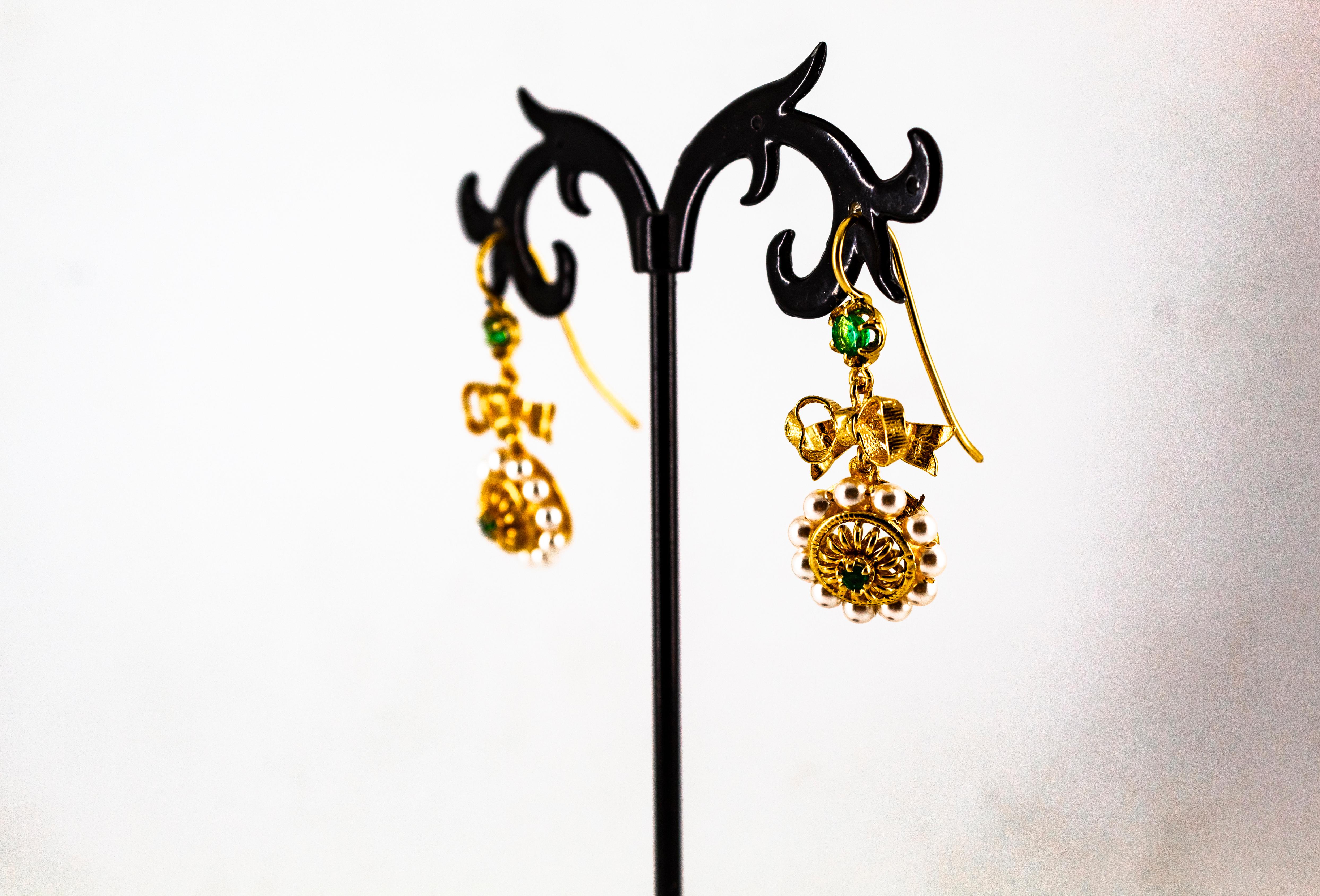 Art Deco Style Micro Pearls 0.70 Carat Emerald Yellow Gold Drop Stud Earrings 7
