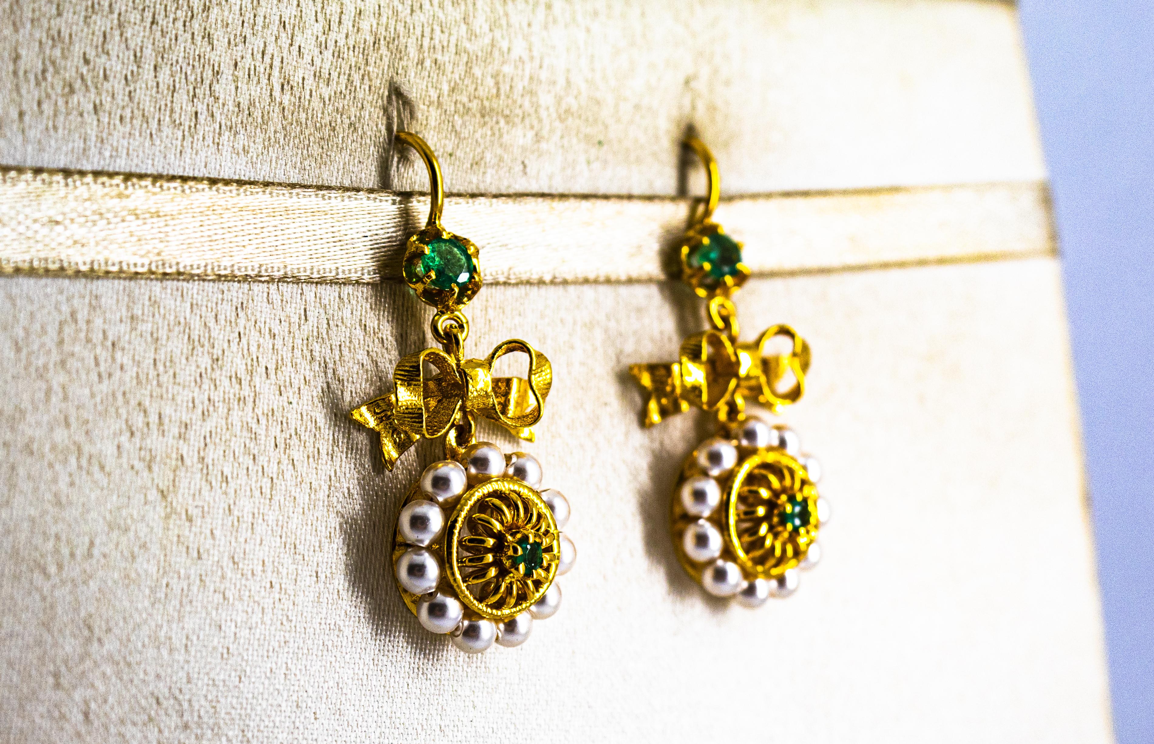 Art Deco Style Micro Pearls 0.70 Carat Emerald Yellow Gold Drop Stud Earrings For Sale 7