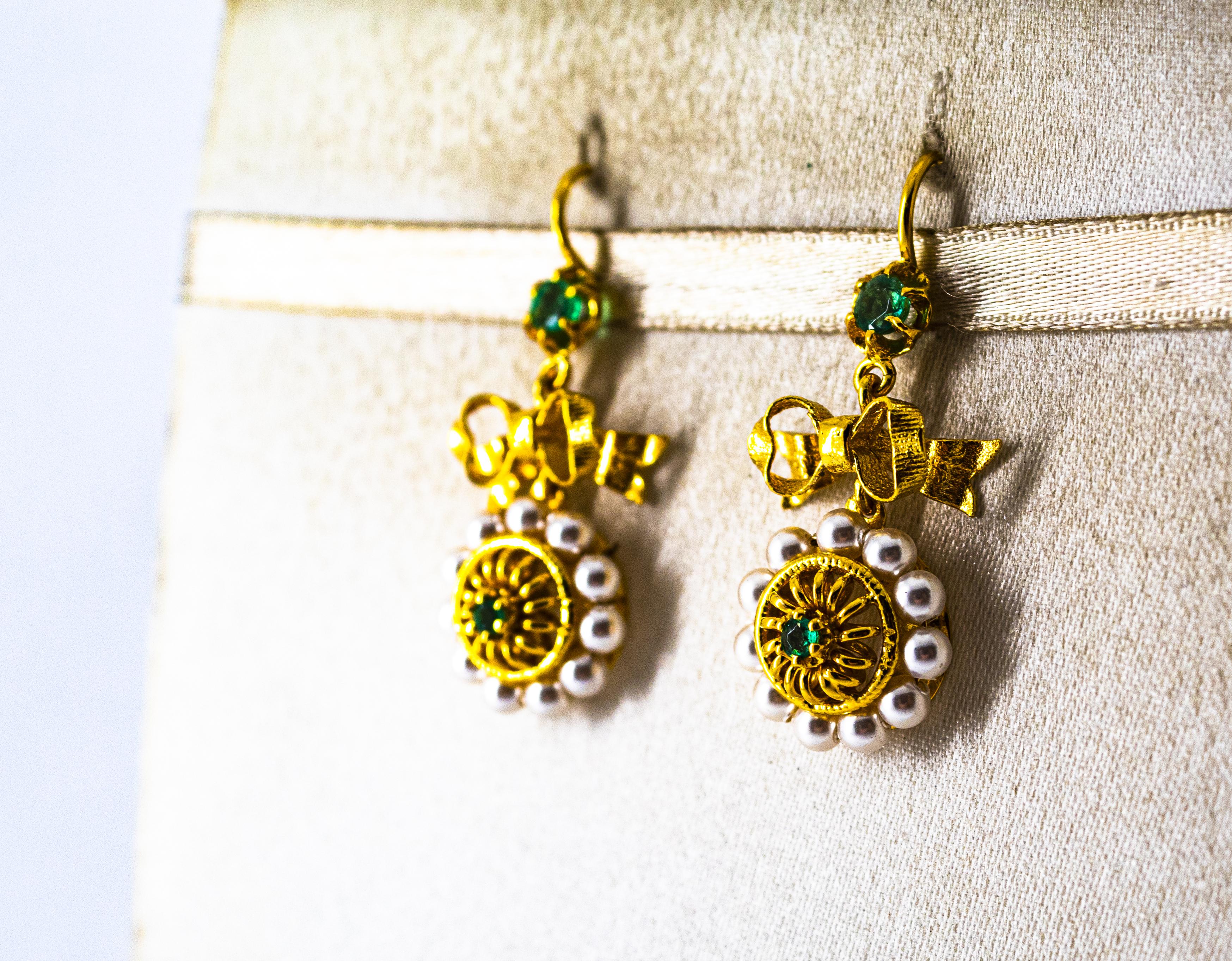 Art Deco Style Micro Pearls 0.70 Carat Emerald Yellow Gold Drop Stud Earrings 8