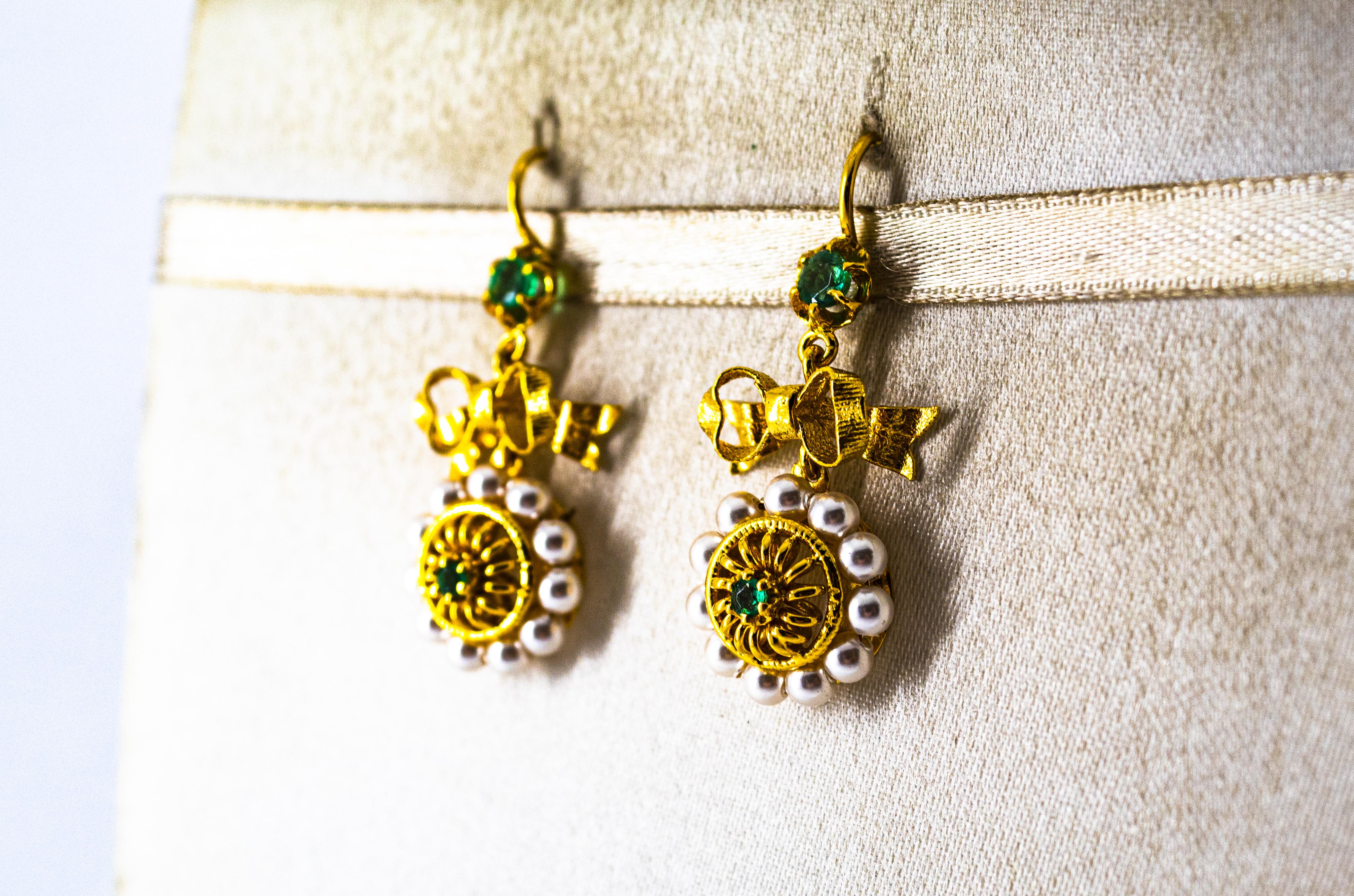 Art Deco Style Micro Pearls 0.70 Carat Emerald Yellow Gold Drop Stud Earrings 9