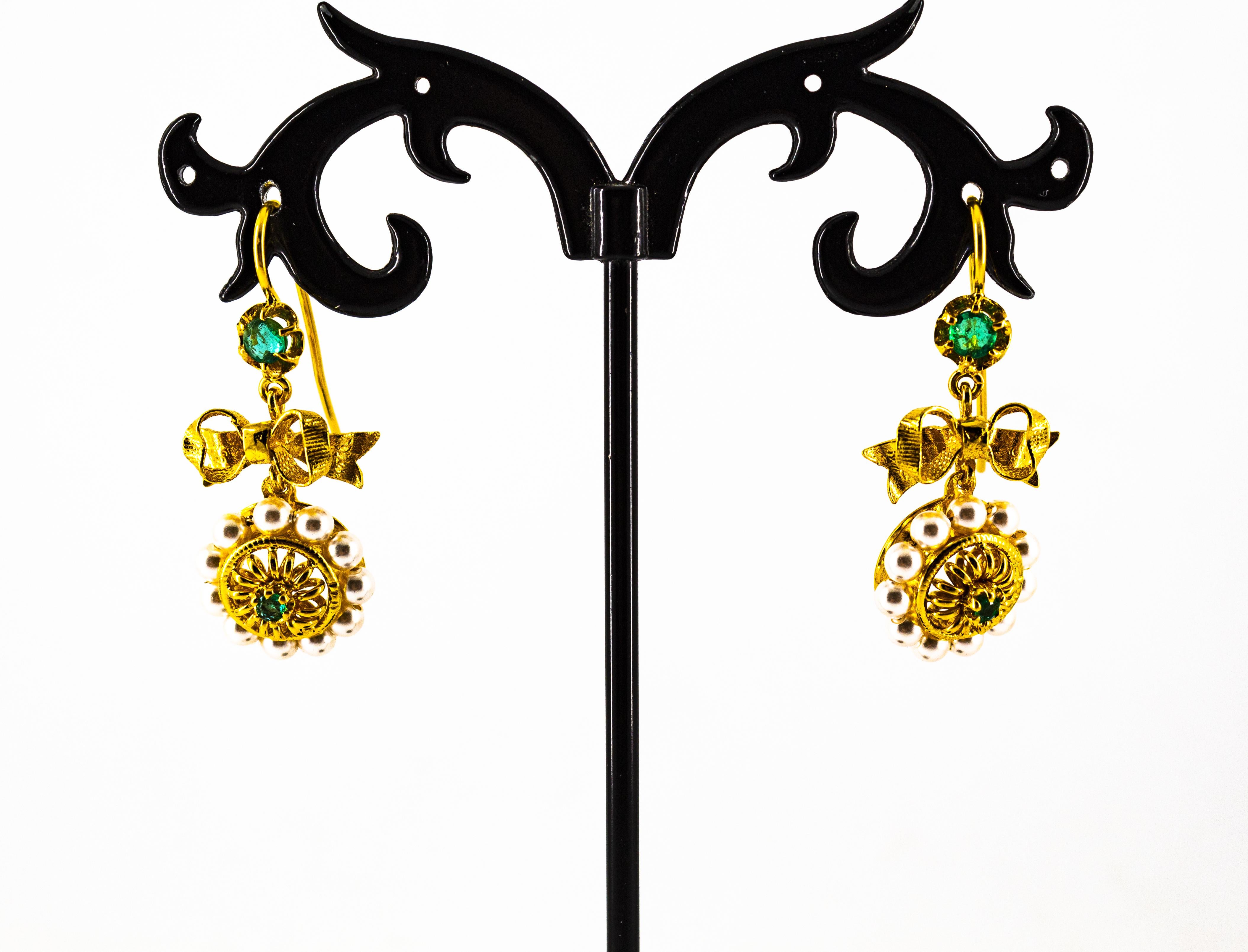 Art Deco Style Micro Pearls 0.70 Carat Emerald Yellow Gold Drop Stud Earrings 10
