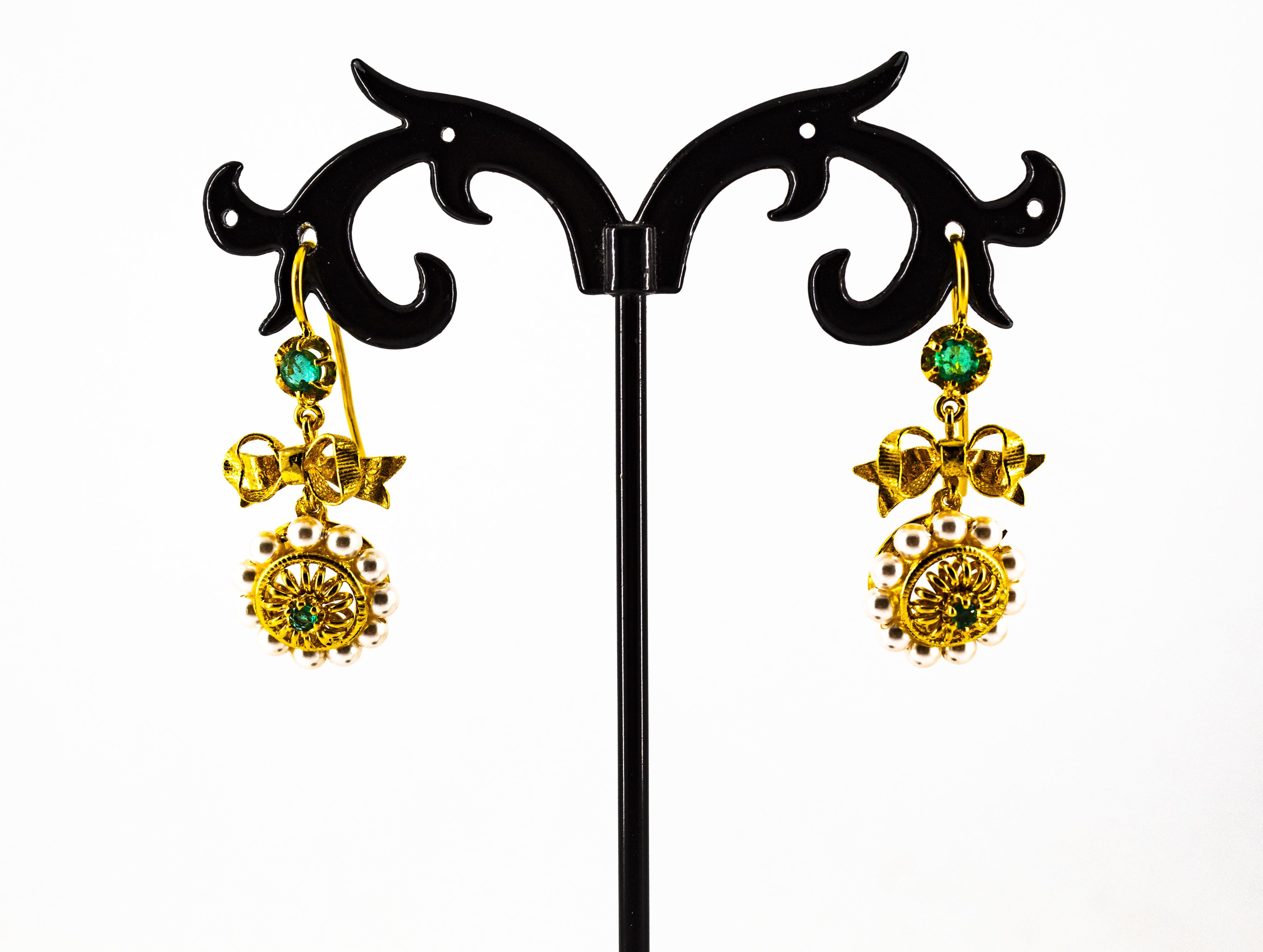 Art Deco Style Micro Pearls 0.70 Carat Emerald Yellow Gold Drop Stud Earrings 11