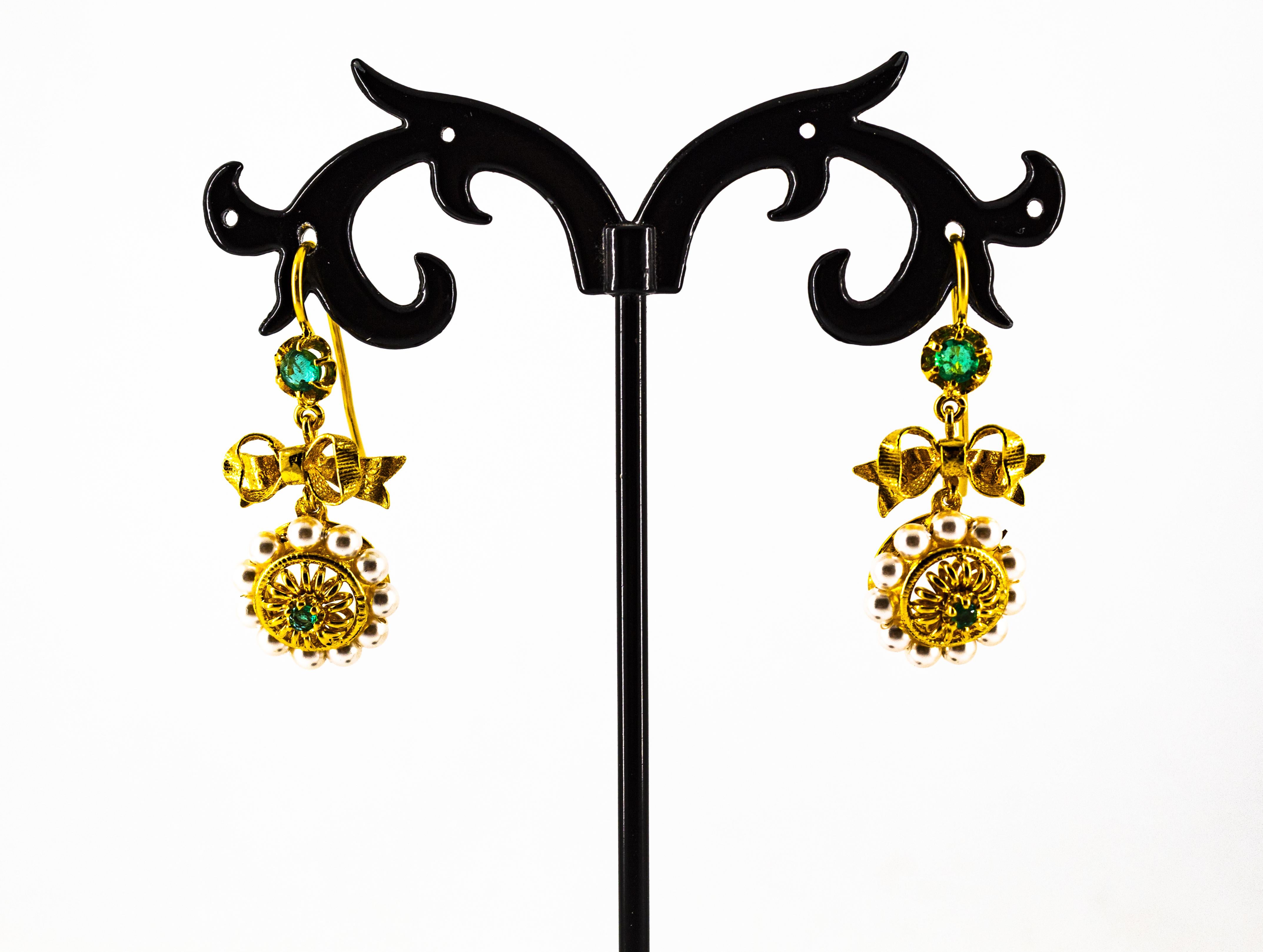Art Deco Style Micro Pearls 0.70 Carat Emerald Yellow Gold Drop Stud Earrings For Sale 11