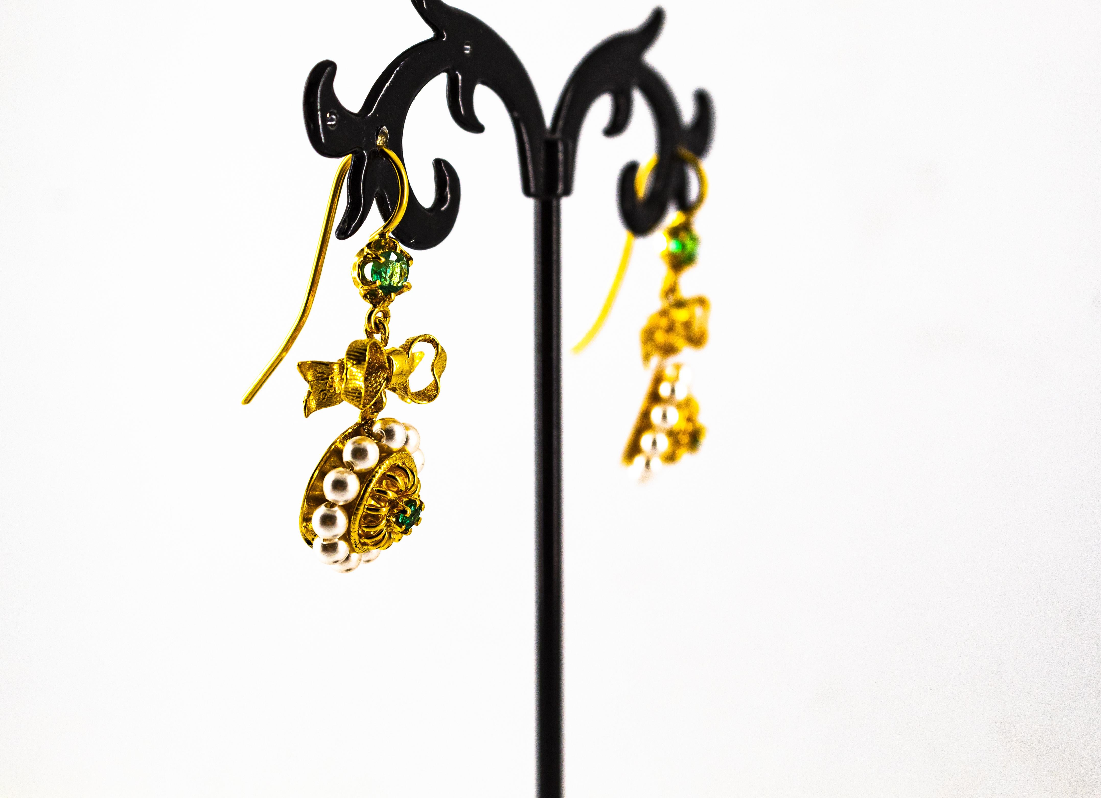 Art Deco Style Micro Pearls 0.70 Carat Emerald Yellow Gold Drop Stud Earrings 12