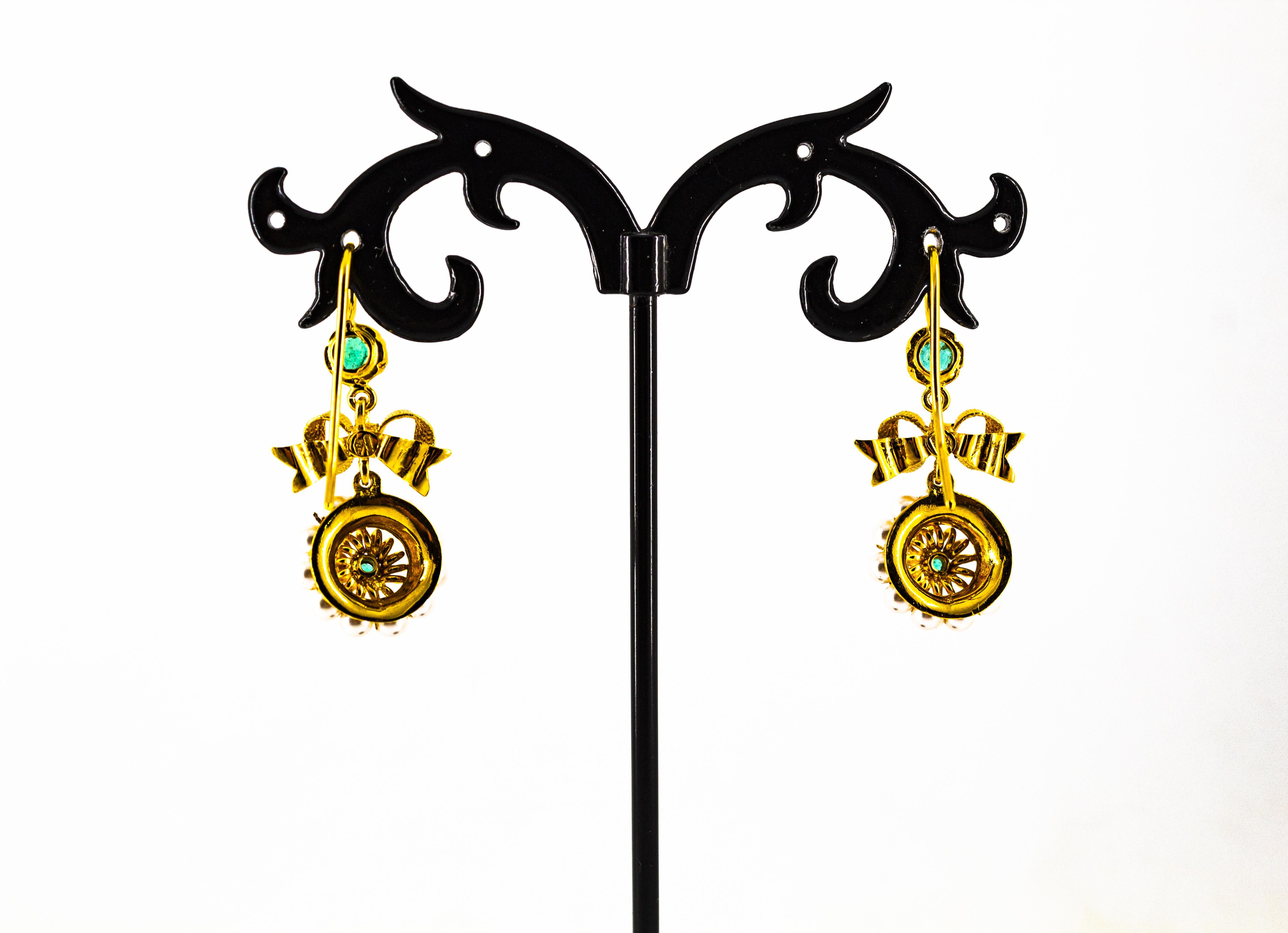 Art Deco Style Micro Pearls 0.70 Carat Emerald Yellow Gold Drop Stud Earrings 13