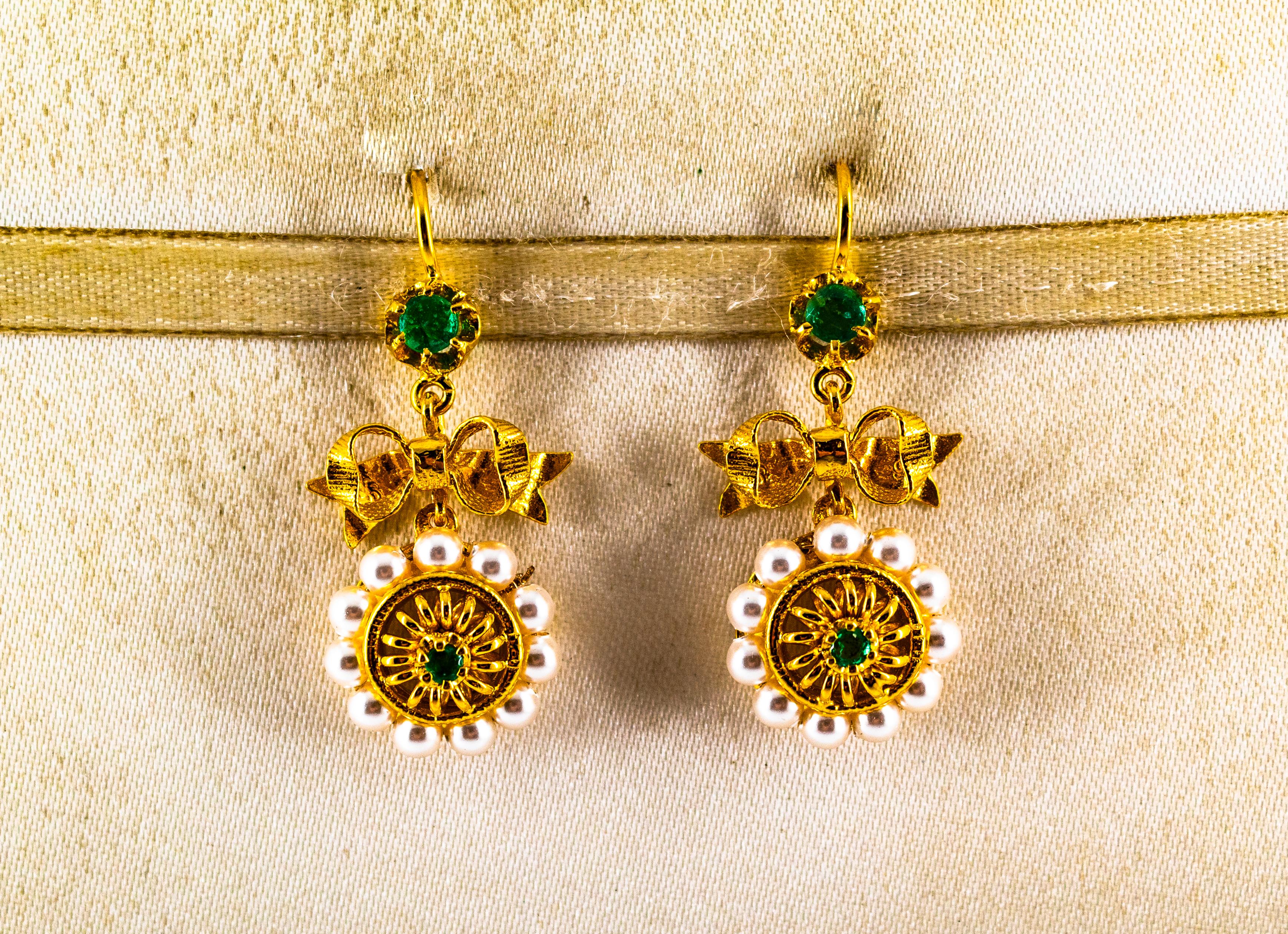 Brilliant Cut Art Deco Style Micro Pearls 0.70 Carat Emerald Yellow Gold Drop Stud Earrings