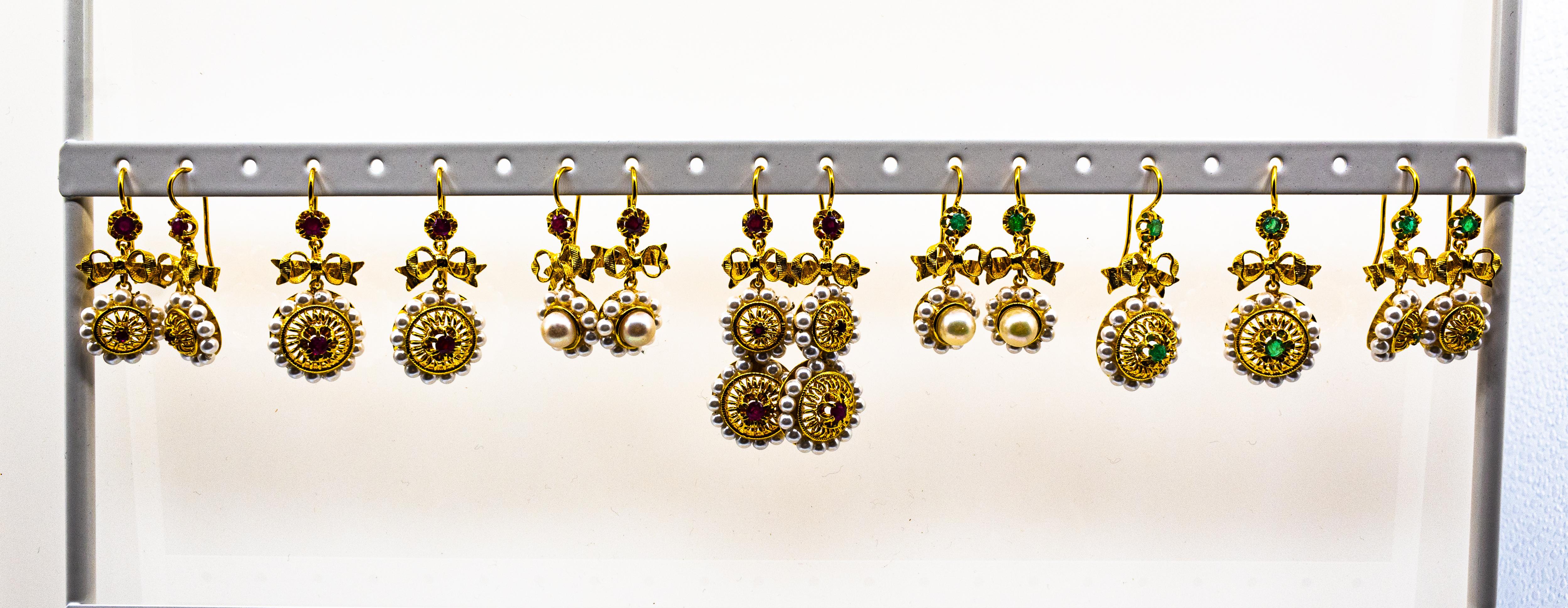 Brilliant Cut Art Deco Style Micro Pearls 0.70 Carat Emerald Yellow Gold Drop Stud Earrings For Sale
