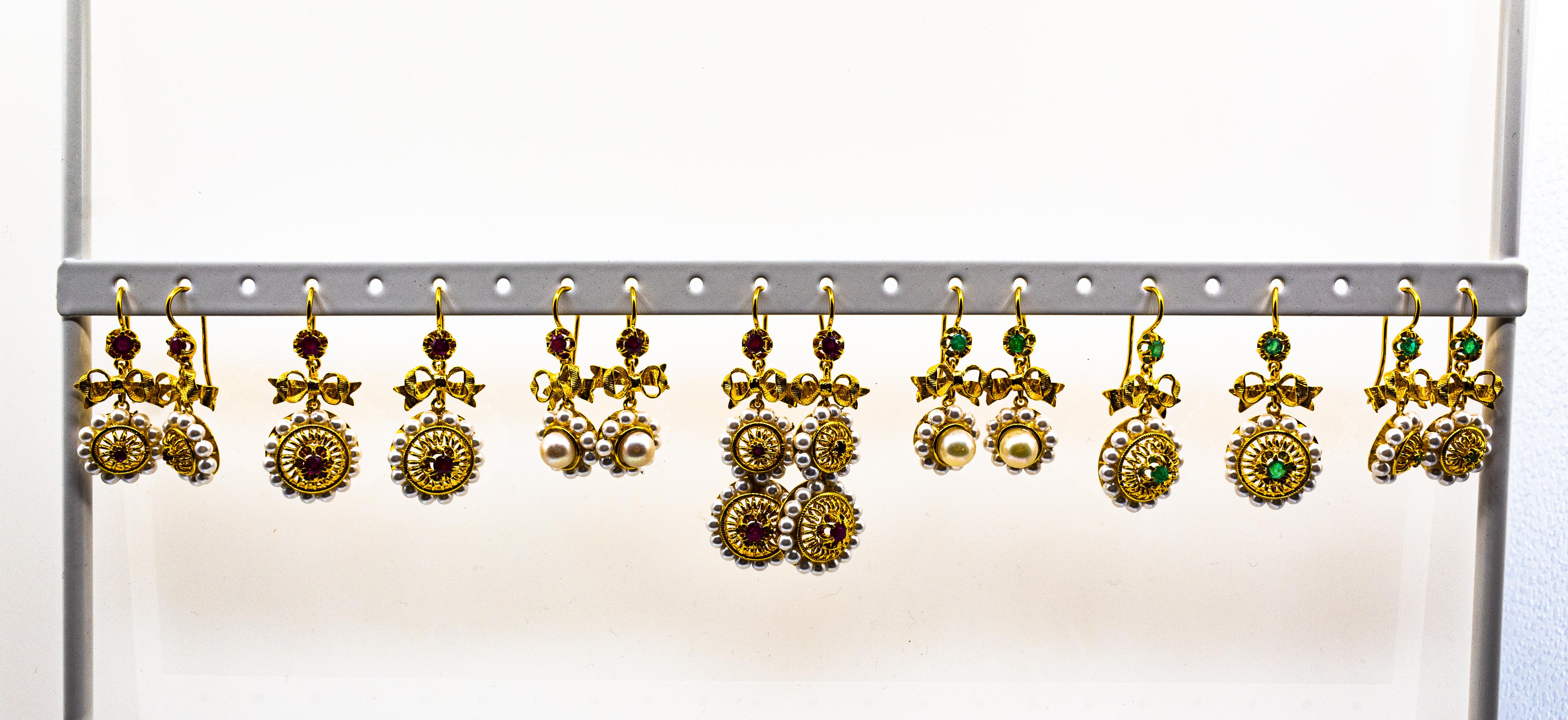 Art Deco Style Micro Pearls 0.70 Carat Emerald Yellow Gold Drop Stud Earrings In New Condition For Sale In Naples, IT